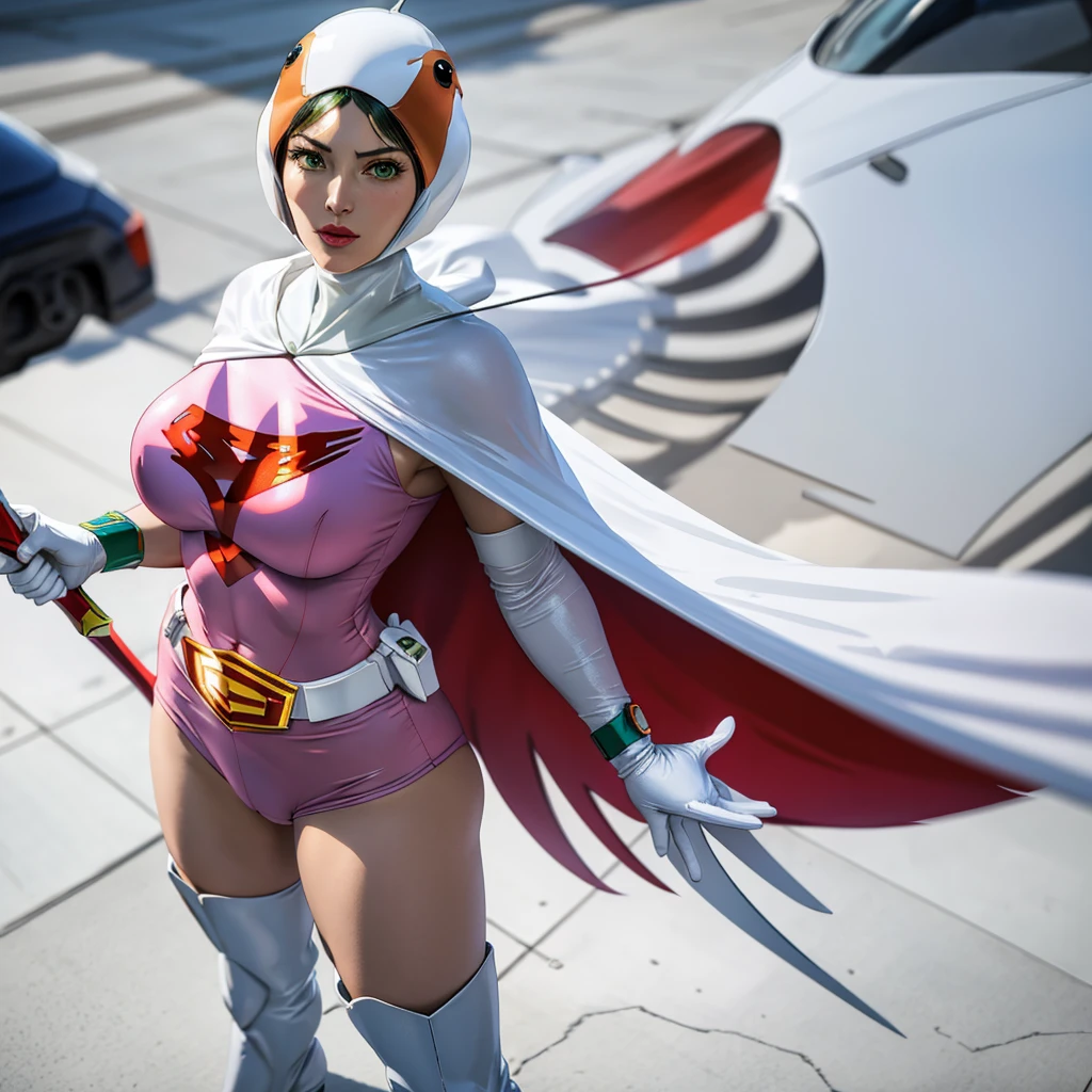 ANI_CLASSIC_jun_gatchaman_ownwaifu, 1girl, 18-year-old,Excellent anatomy, masterpiece, highest quality, Realistic, hyperRealistic, 16K HDR,
Long Hair, Green Eyes, lips, large chest, lipstick, compensate, gloves, Cape, Helmet, belt, elbow gloves, white gloves, mask, Ultra mini skirt, leotard, Spacesuit, White legwear, Pink Dress, Superhero, Bodysuits, (Sexy pose, From side:1.2),Sweat, smile, Spaceship,