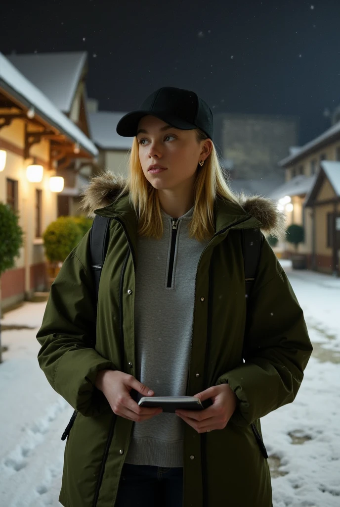 Milly Alcock,blonde hair,olive green anorak,zip-up gray pullover,black baseball cap,holding a notebook,in a snowy easter european village,in the night