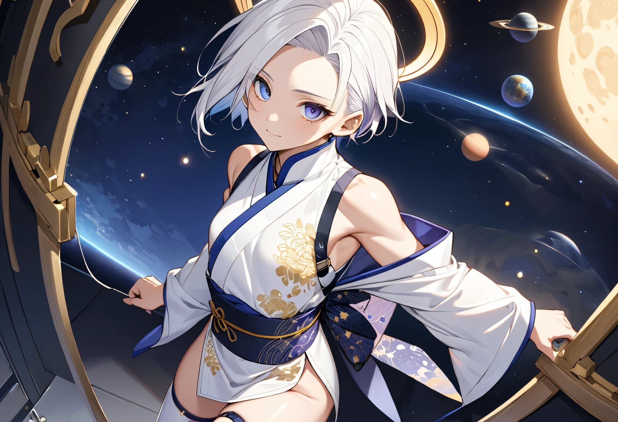 Fresh illustration,
Ultra-fine drawing,
Very delicate illustration,
Very fine details,
One boy,
Full body,
Height 158cm,
Fair skin,
Right eye is purple,
Left eye is blue,
Odd eyes,
Heterochromie iris,
Beautiful eyes,
Large black pupils,
Cleanly cut hairstyle,
Slicked back hairstyle,
Short hair,
Shiny hair,
Blue roots and white hair elsewhere,
Hair with a gradient,
Cute face,
Pretty face,
Shiny halo on the back of the head,
Raised eyebrows,
Upper body in kimono,
Upper body in traditional Japanese clothing,
Masculine build,
Six pack,
Very small breasts,
No breasts,
Lower body in Chinese dress,
Black obi,
Overall white clothes,
Tastefully embroidered with gold thread,
Clothes with a high-quality texture,
Jo straps,
thigh straps,
thigh straps digging into skin,
white long boots,
Japanese style toes,
five fingers on hands and feet,
thin waist,
thin legs,
isometric,
golden ratio,
divine atmosphere,
wearing indigo-colored stand-up collared innerwear,
outer space,
galaxy,
countless small stars,
tactical use of shadows,
free pose,
sexy pose,
exposed skin,
naughty pose,
adult pose,
lewd look,
looking at camera,
buttocks facing camera,
pervert,
see-through clothes,
peachy buttocks,