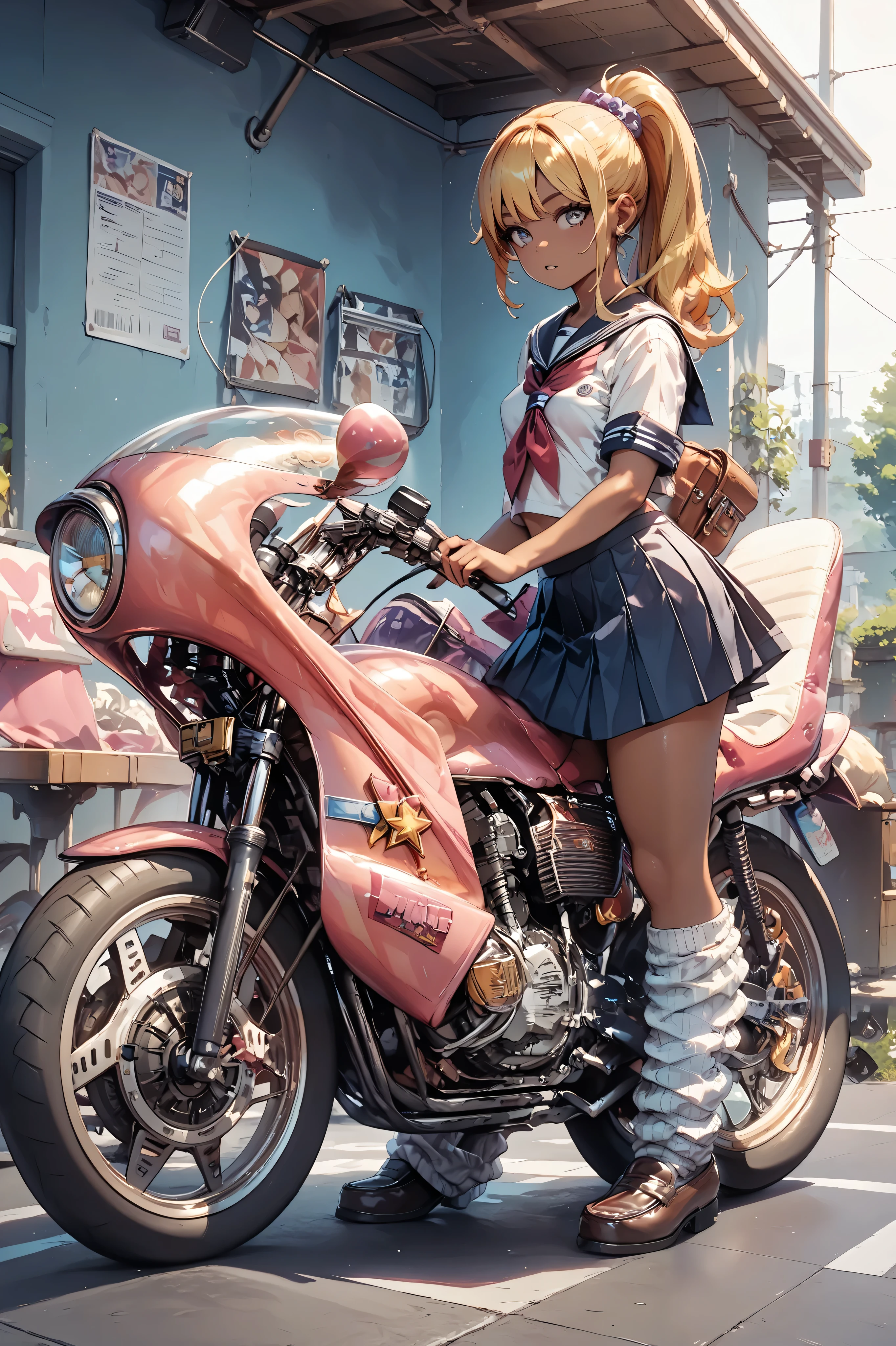 1 High school girl standing next to a tuned zoku_motorcycle, Sailor suit, loose socks, loafers, glossy brown skin, small breasts, video, Yellow Hair, ponytail, 