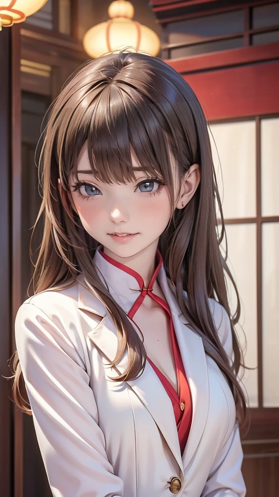 (extremely delicate and beautiful:1.2),1girl,fashi-girl, bangs, blue eyes, brown hair,chinese blazer, looking at viewer, long hair, solo, star \(symbol\), upper body,smile,red lips, closed mouth, chinese, douyin