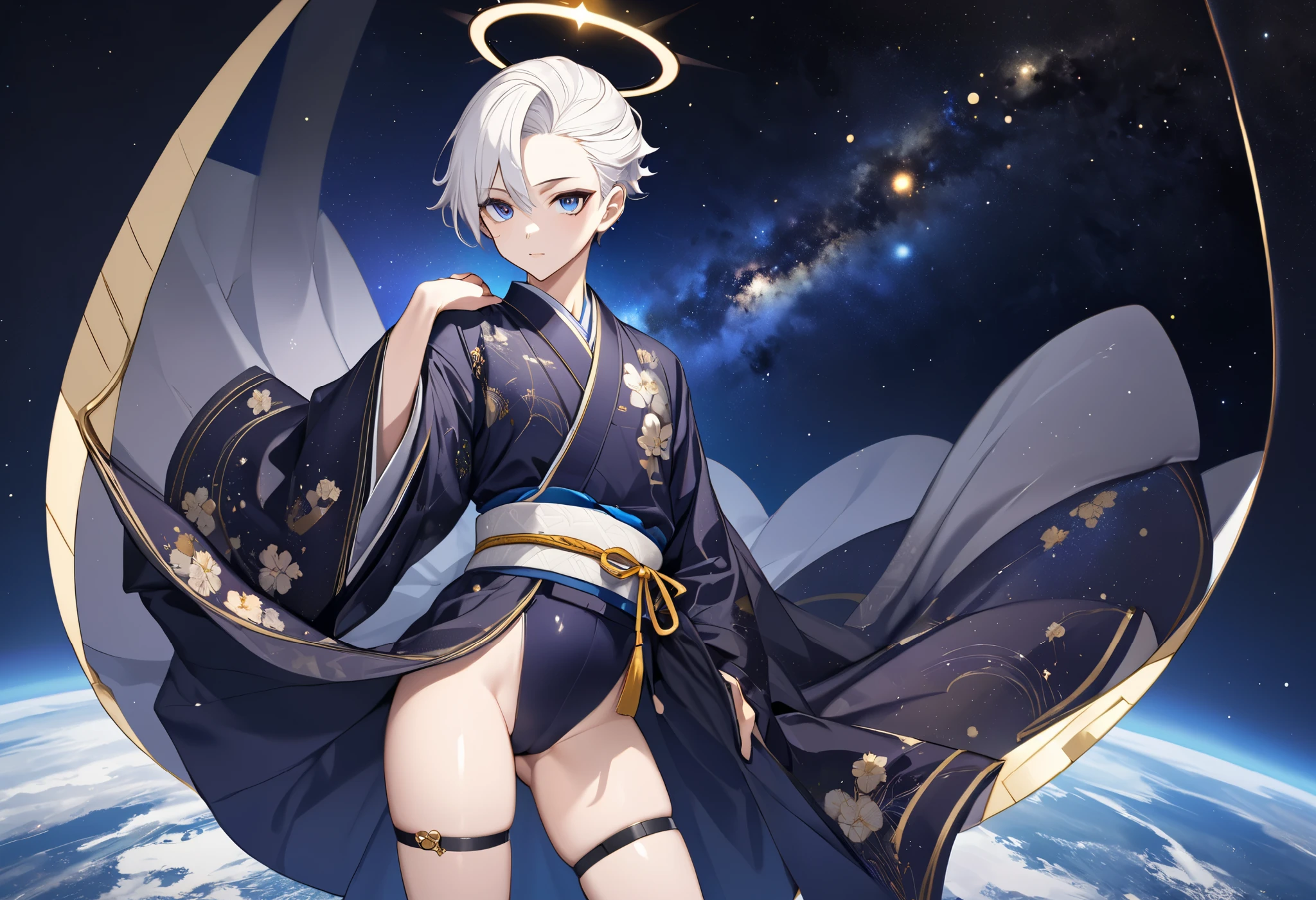 Fresh illustration,
Ultra-fine drawing,
Very delicate illustration,
Very fine details,
One boy,
Full body,
Height 158cm,
Fair skin,
Right eye is purple,
Left eye is blue,
Odd eyes,
Heterochromie iris,
Beautiful eyes,
Large black pupils,
Cleanly cut hairstyle,
Slicked back hairstyle,
Short hair,
Shiny hair,
Blue roots and white hair elsewhere,
Hair with a gradient,
Cute face,
Pretty face,
Shiny halo on the back of the head,
Raised eyebrows,
Upper body in kimono,
Upper body in traditional Japanese clothing,
Masculine build,
Six pack,
Very small breasts,
No breasts,
Lower body in Chinese dress,
Black obi,
Overall white clothes,
Tastefully embroidered with gold thread,
Clothes with a high-quality texture,
Jo straps,
thigh straps,
thigh straps digging into skin,
white long boots,
Japanese style toes,
five fingers on hands and feet,
thin waist,
thin legs,
isometric,
golden ratio,
divine atmosphere,
wearing indigo-colored stand-up collared innerwear,
outer space,
galaxy,
countless small stars,
tactical use of shadows,
free pose,
sexy pose,
exposed skin,
naughty pose,
adult pose,
lewd look,
looking at camera,
buttocks facing camera,
pervert,
see-through clothes,
peachy buttocks,