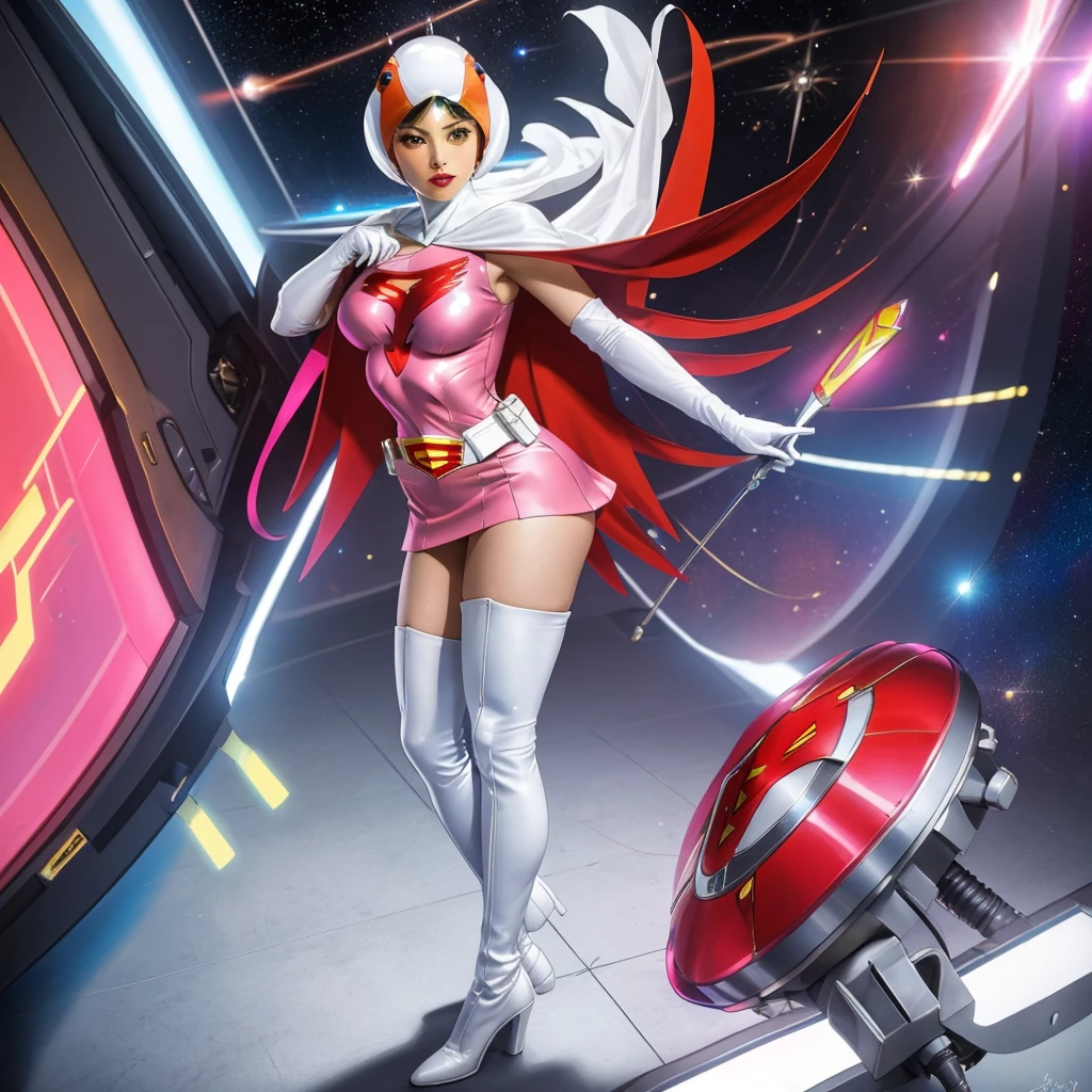 ANI_CLASSIC_jun_gatchaman_ownwaifu,1girl, 15yo,good anatomy, masterpiece, best quality,realistic, hyper realistic, 16k hdr, long hair,breasts,lips,large breasts,lipstick,makeup,gloves,cape,helmet,belt,elbow gloves,white gloves,mask,ultra miniskirt,leotard,spacesuit,white tight overknee highheels boots,pink dress,superhero,bodysuit,cleavage,erected nipples,(jumping poses),cameltoe