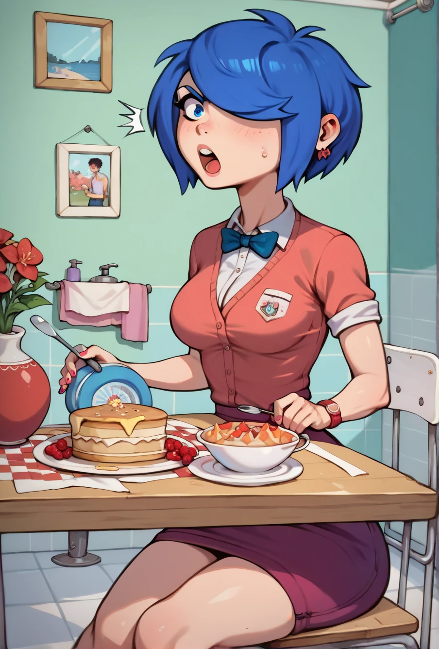 a melk0r woman eating a slice of pizza and sitting on a bed, open pizza box, pepsi, pajamas, closeup, teeth