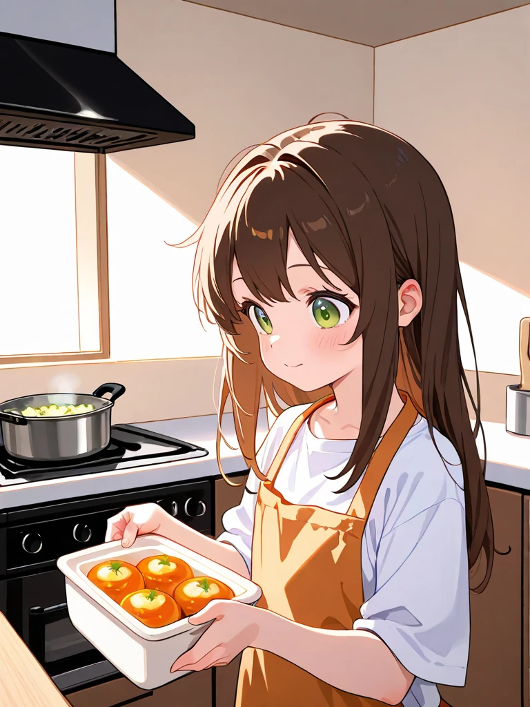 Loli Cute, Brown Long Hair, Green Eyes, Kitchen, Makeing Meal