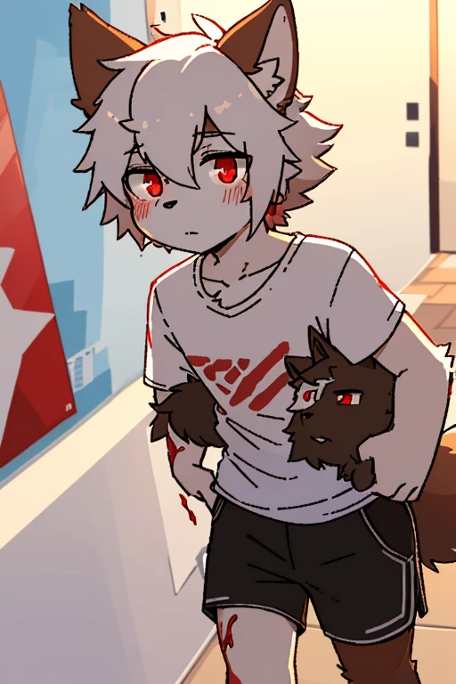 (4K,8k,best quality,meticulous details,DeliCate light,DeliCate short hair)Cat,white hair,There'a bit strange,covered in black slime,Black slime tangle,black shorts,Big blue striped tail,Kneeling on the ground,touch your face,Shota,Wrists covered with scars,Bloodshot eyes,Pink collar,crazy,Ha ha,indoor,Blood