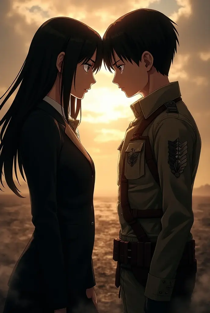 
Generate a picture of a anime main character eren Jaegera and Mikasa Ackerman togather as an adult couples wearing attack on Titan uniform 