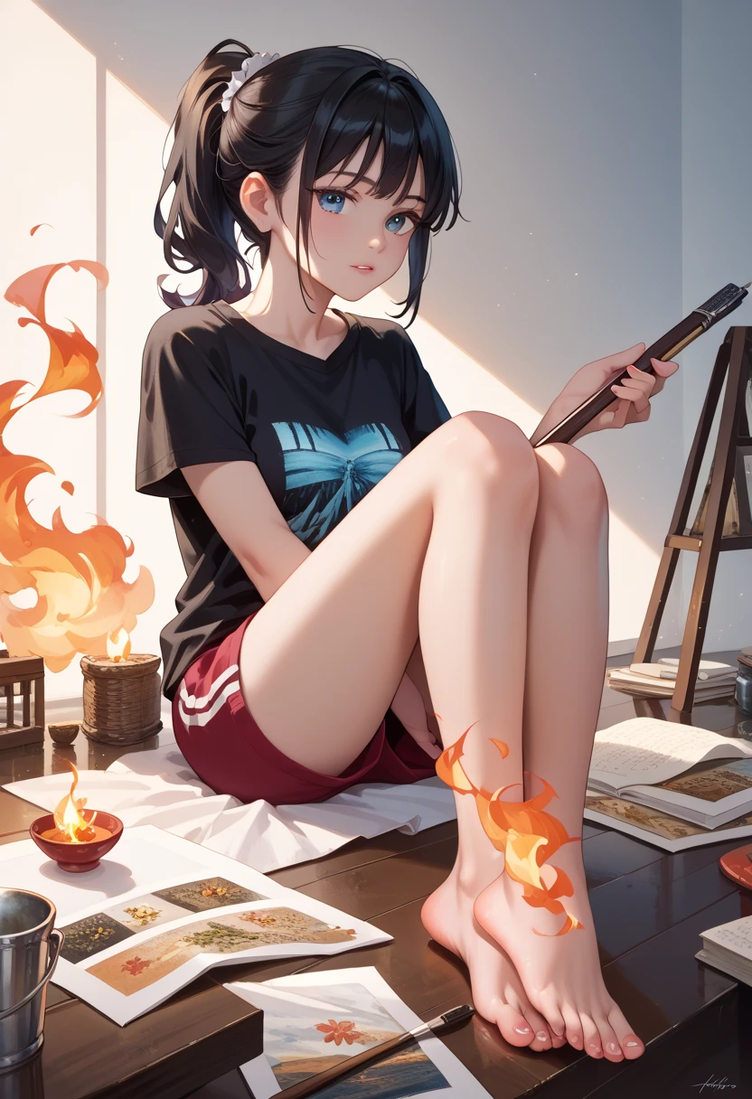  the messy appearance of a mulatto girl with black hair tied in a ponytail, Fire,  black t-shirt , , elegant,  Digital painting , arte conceptual,   sharp focus,  illustration  , Focus feet,