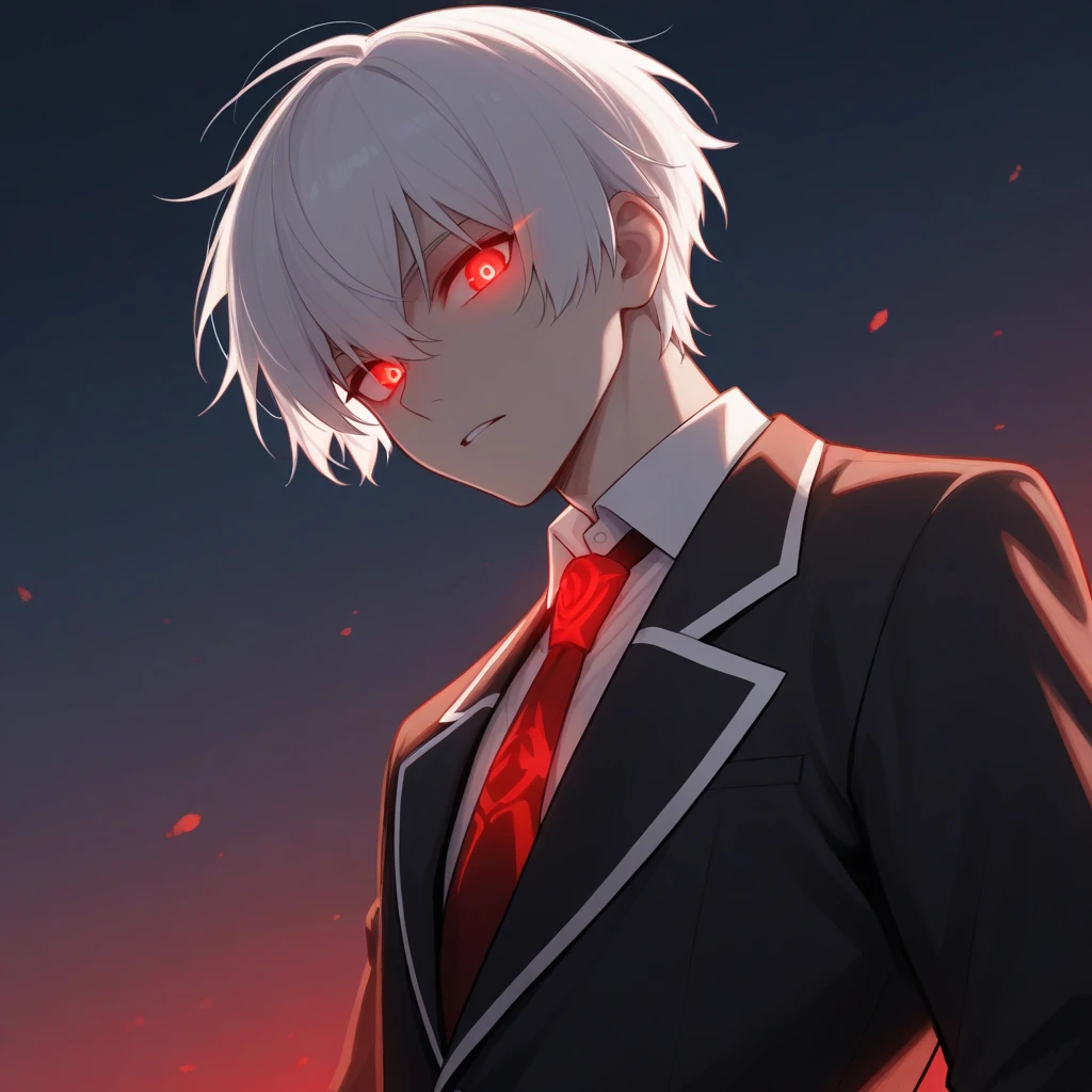 masterpiece, best quality, 1boy, solo, red glowing eyes, White hair, Black School uniform, looking at viewer, male high school
