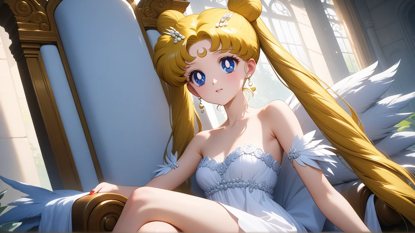 ((Upper body center)) (masterpiece, best quality, very aesthetic , ultra detailed), intriguing details , 4K, aausagi, blonde hair, double bun, twintails, small breasts, blue eyes, 1girl, red nails, Best quality, masterpiece, High Definition, chateau indoors, detailed background, intricate details, day, ((white dress)), bare shoulders, Высокое разрешение, throne, sitting, crossed legs