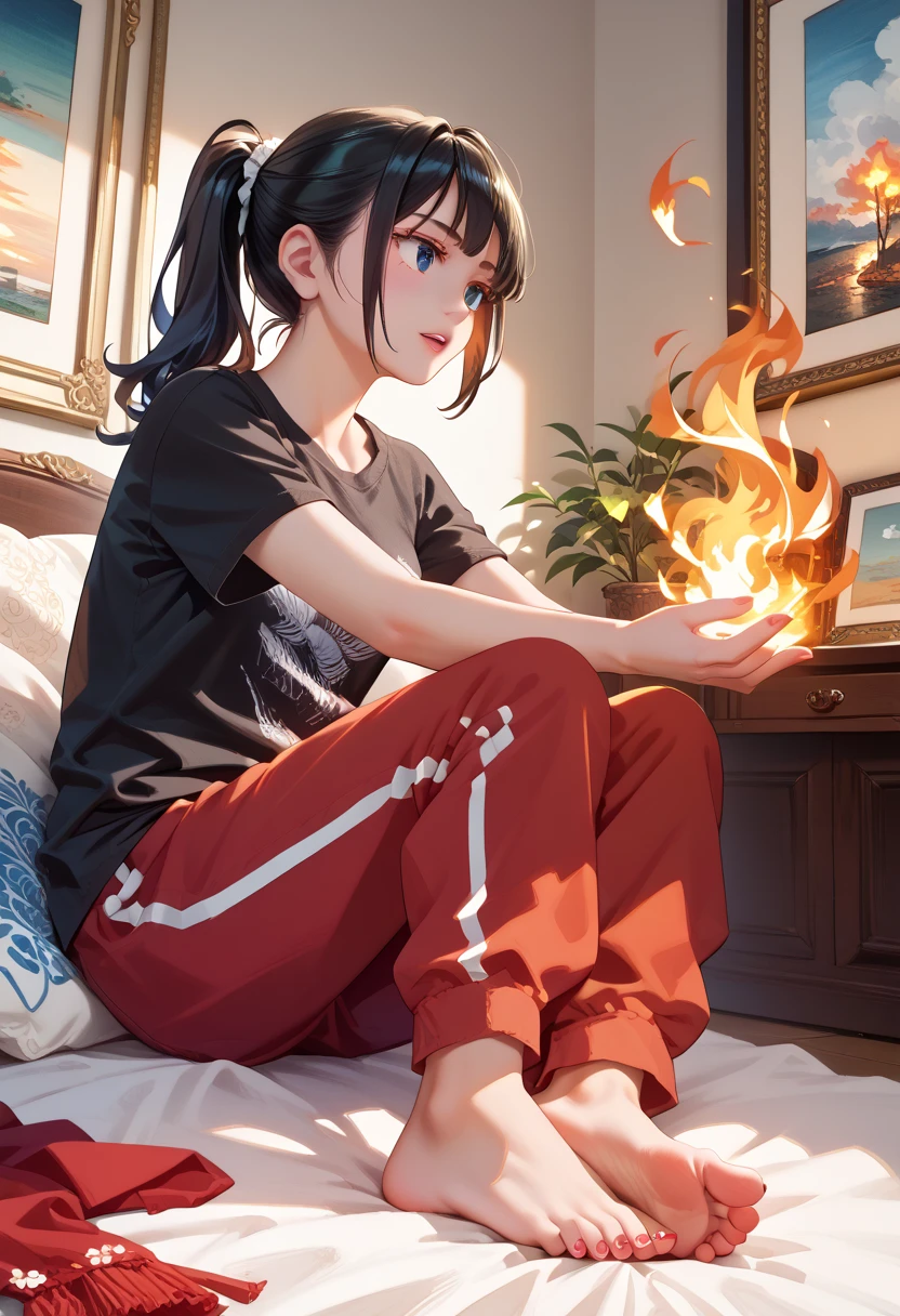  the messy appearance of a mulatto girl with black hair tied in a ponytail, Fire,  black t-shirt , , elegant,  Digital painting , arte conceptual,   sharp focus,  illustration  , Focus feet,