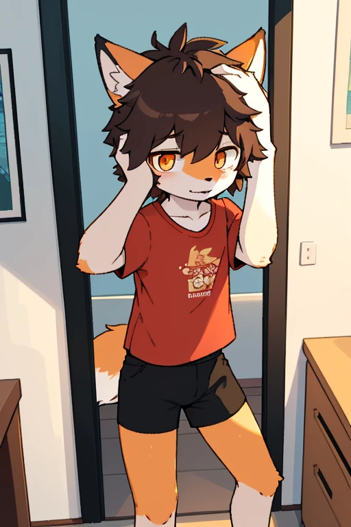 Furry boy, cute fox, messy hairstyle, detailed body, clothes, shirt, shorts, anxious orange eyes, holding head, modern art, best quality, lens aperture 1.4, great work, high details 