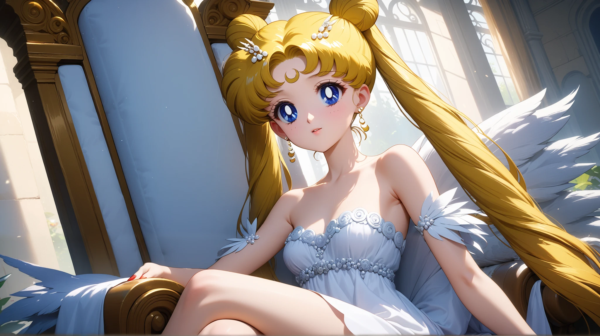 ((Upper body center)) (masterpiece, best quality, very aesthetic , ultra detailed), intriguing details , 4K, aausagi, blonde hair, double bun, twintails, small breasts, blue eyes, 1girl, red nails, Best quality, masterpiece, High Definition, chateau indoors, detailed background, intricate details, day, ((white dress)), bare shoulders, Высокое разрешение, throne, sitting, crossed legs