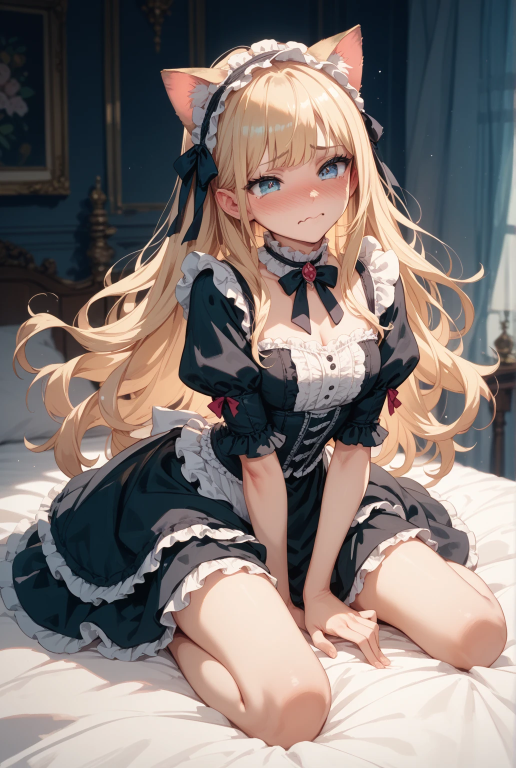 NSFW , woman on top , shaved , Cat Ears & Gothic Lolita , blond long hair , blue eyes , full body , all body view , (Embarrassed face), (blush) , (Expression of pleasure),  
