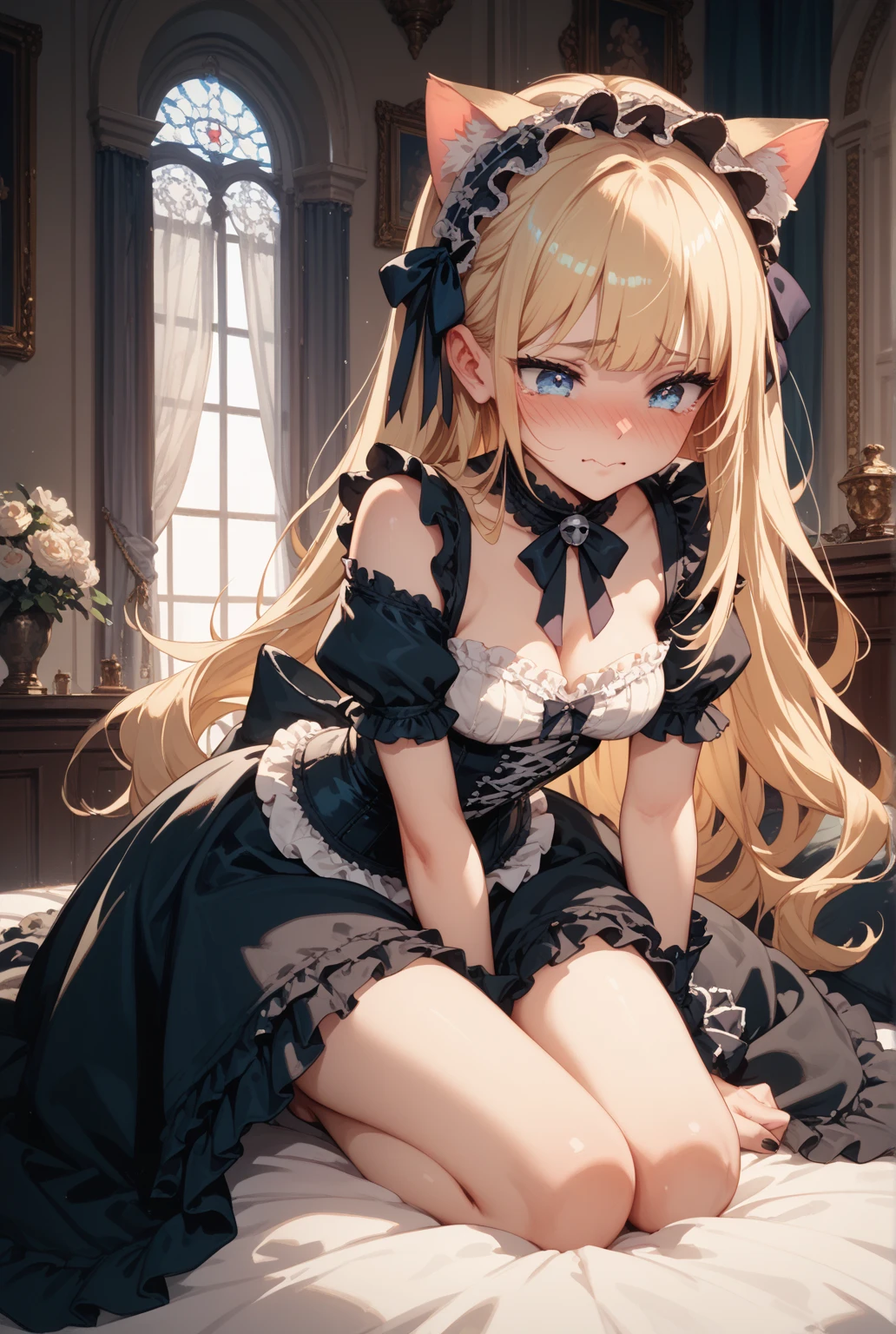 NSFW , woman on top , shaved , Cat Ears & Gothic Lolita , blond long hair , blue eyes , full body , all body view , (Embarrassed face), (blush) , (Expression of pleasure),  
