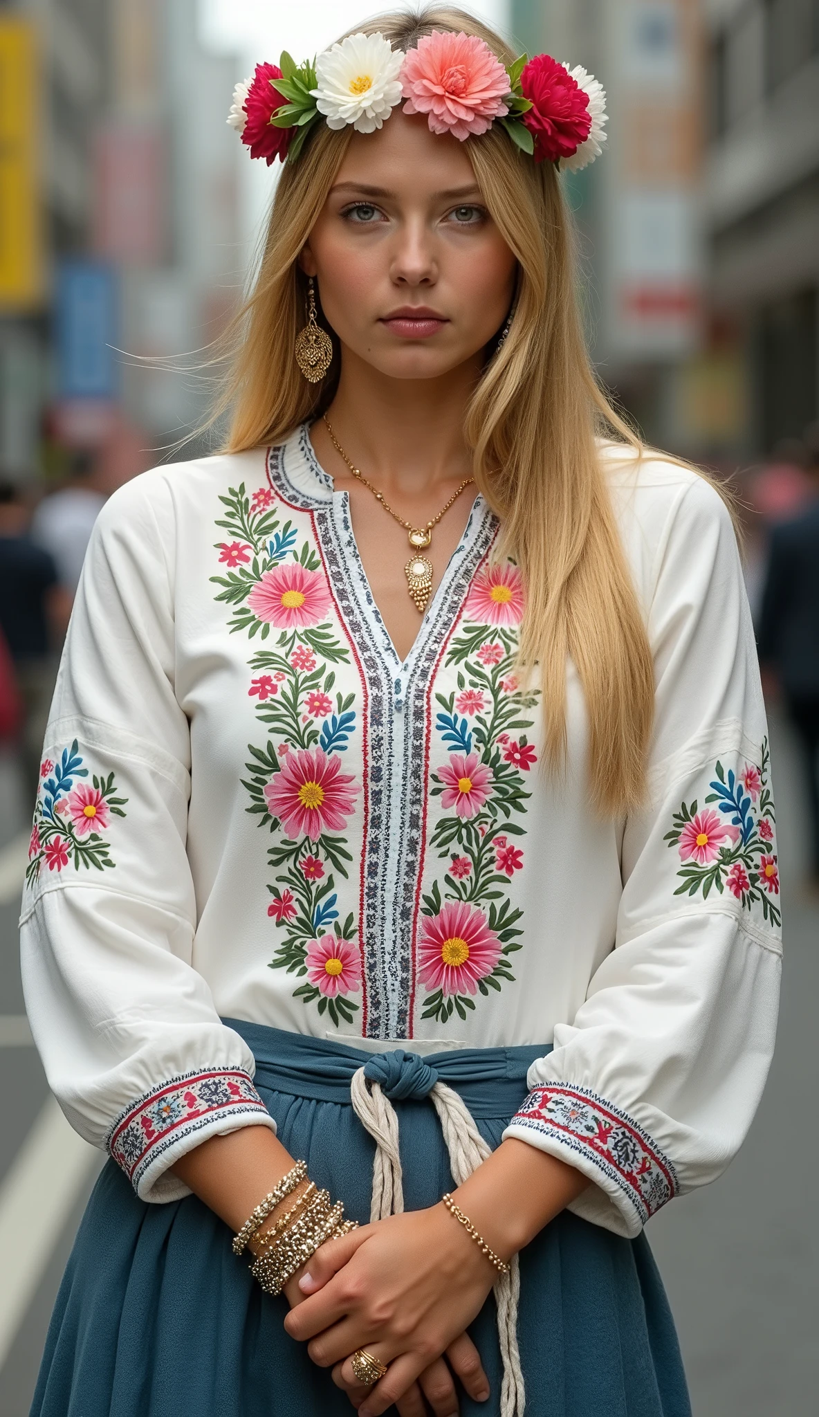 Photographic, superrealism , full body, Front view, standing pose, standing road in street, in Ginza of Tokyo, 2024 years, Beautiful Ukrinian White girl, Maria Sharapova, she is 30-age, (blonde hair, long hair, serious),(flower crown, Beaded necklace, earrings, bracelets), (normal body),Vyshyvanka (embroidered shirt), Plakhta (traditional skirt),Traditional boots, hands of cross, ( textured skin , HI detailed skin, (foreshortening, Canon, anatomically correct, super detail, high details, highness)