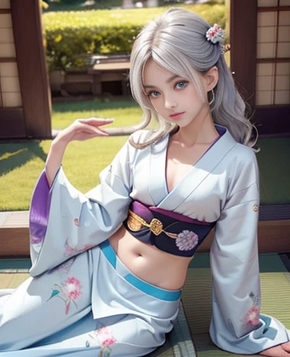 (kimono)、Japanese clothing、(Highest quality,masterpiece:1.3,Ultra-high resolution,),(Very detailedな,Caustics),(Photorealistic:1.4,RAW shooting,)Ultra-Realistic Capture,Very detailed,High resolution 16K suitable for human skin、 Natural skin texture、、Skin tone is even and healthy looking、 Use natural light and color,One Woman,,cute,Beautiful silky silver hair,Mid-length hair,(Written boundary depth、chromatic aberration、Wide lighting range、Natural Shading、)、(Hair swaying in the wind:1.3)、(((Whitening 1.5)))、Lace bra 1.4、High leg、Small breasts、