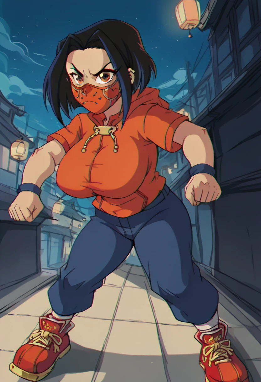 a cinematic screenshot of a Jade Chan wearing a halved_oni_mask, vibrant city in background, hd, "Create an image identical to a screenshot from the Jackie Chan Adventures episode 'Half a Mask of Kung-Fu' (Season 4, Episode 7). Depict busty Jade standing in a dimly lit, greyish-blue alleyway at night, with the buildings and walls around her covered in ancient Chinese-style tiles and lanterns. ((Her face should be partially obscured by half of the Oni mask, which covers her right eye and right half of her face)), forehead, and part of her cheek. ((only just the left side of her face should be fully visible)), with a normal, determined expression. Her eyes should be narrowed, with a hint of concern and concentration. She should be dressed in her standard outfit, consisting of a orange hoodie, blue pants, and red sneakers. Large breasts. massively-huge breasts. The lighting should be dramatic, with shadows cast across her face and body. The image should have a slightly animated, 2D look, with bold lines and vibrant colors, matching the show's visual style. Incorporate subtle textures and grain to give the image a retro, early 2000s TV show feel. Make sure the image is high-resolution and detailed, with a clear focus on Jade's face and the Oni mask." face focus, focus on the broken half of the black-colored ONI_MASK, vertically-broken mask, mean oni, broken mask theme, ninja, kunochi, samurai,