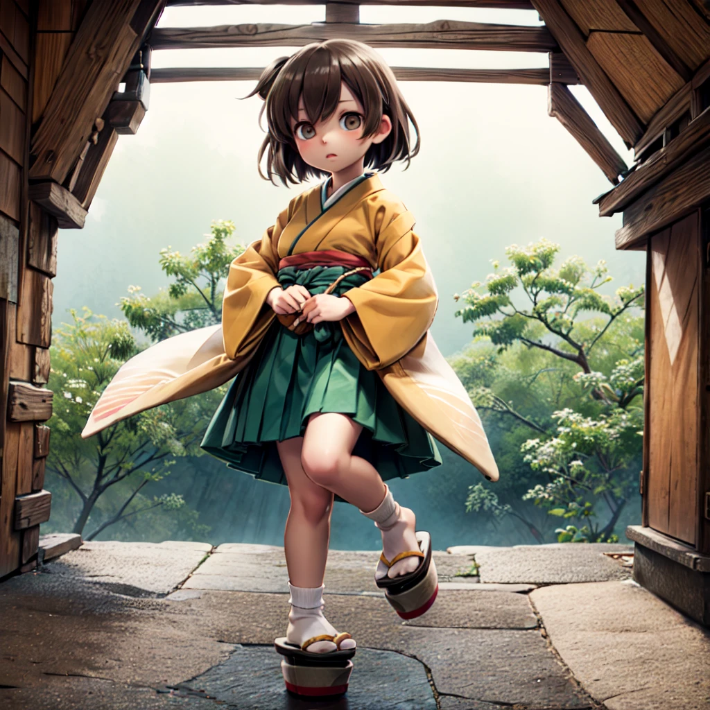 1girl, hiryuukc,
orange kimono, wide sleeves,
green hakama, hakama short skirt,
tabi, socks, sandals, platform clogs,
brown hair, brown eyes, one side up,