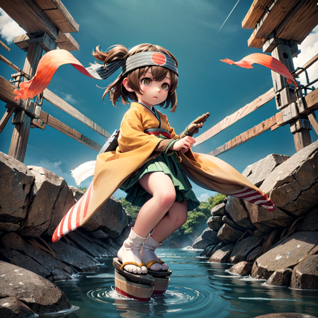 1girl, hiryuukc,
orange kimono, wide sleeves,
green hakama, hakama short skirt,
tabi, socks, sandals, platform clogs,
brown hair, brown eyes, one side up, flight deck,
partially fingerless gloves, yugake, single glove,
headband, hachimaki,