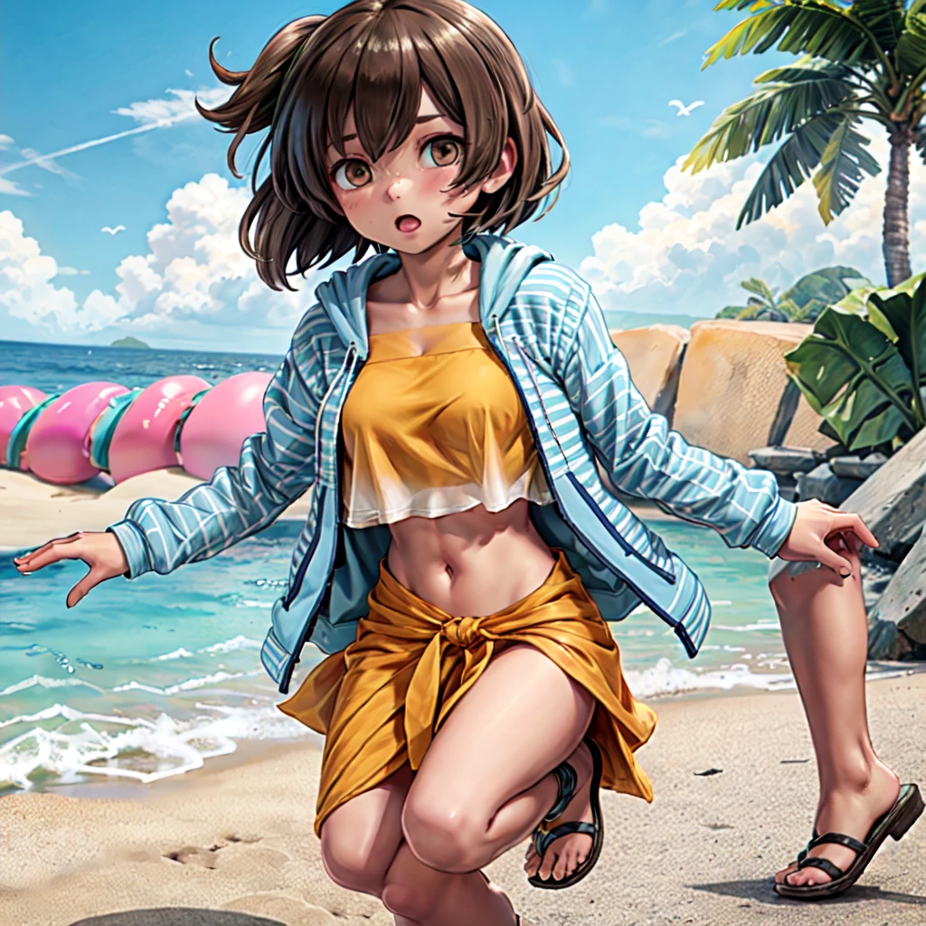 1girl, hiryuusummer, 
(striped hoodie), blue hoodie, open clothing, open jacket, 
orange bikini, crop top, bandeau, tube top, frills, midriff,
open jacket,  bikini under clothes,
sarong,
sandals,
brown hair, brown eyes, one side up,]