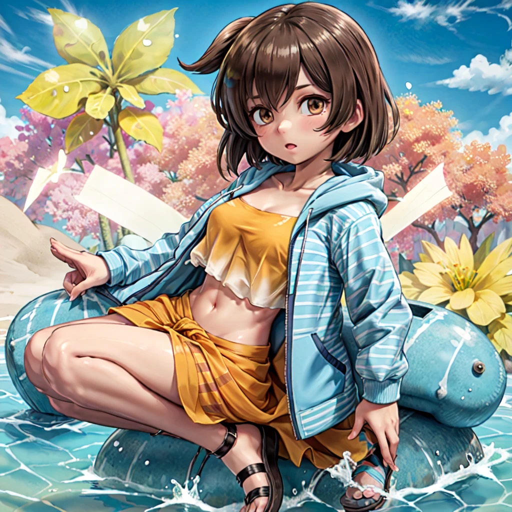 1girl, hiryuusummer, 
(striped hoodie), blue hoodie, open clothing, open jacket, 
orange bikini, crop top, bandeau, tube top, frills, midriff,
open jacket,  bikini under clothes,
sarong,
sandals,
brown hair, brown eyes, one side up,