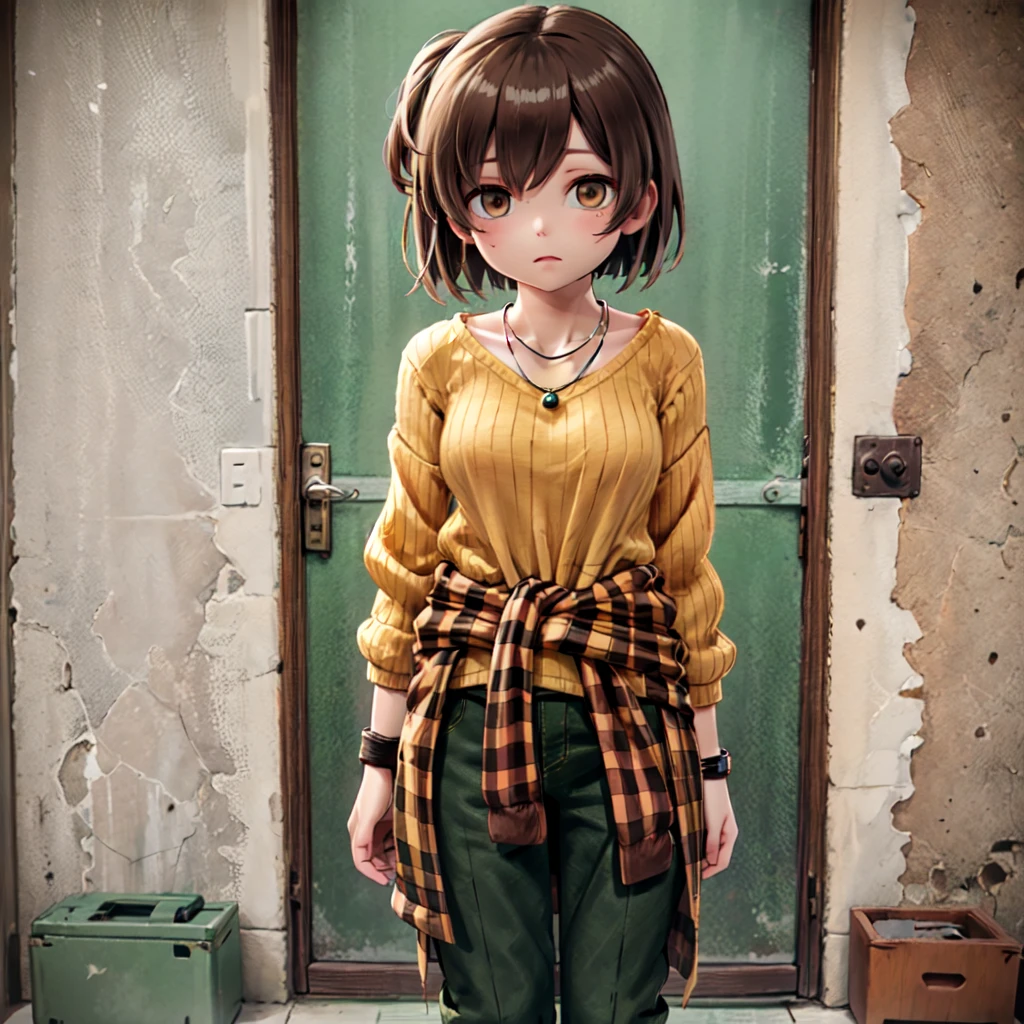 1girl, hiryuucasual,
orange sweater, ribbed sweater, long sleeves,
necklace, pendant,
bracelet,
clothes around waist, jacket around waist, plaid,
green pants,
brown footwear,
brown hair, brown eyes, one side up,