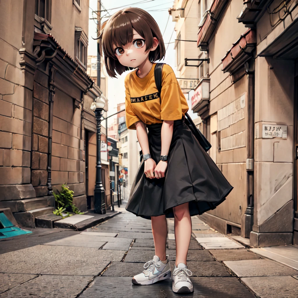 1girl, hiryuunikose,
orange shirt, (clothes writing),
black skirt,
wristwatch,
shoulder bag, shoulder strap,
white footwear, sneakers,
brown hair, brown eyes, one side up,