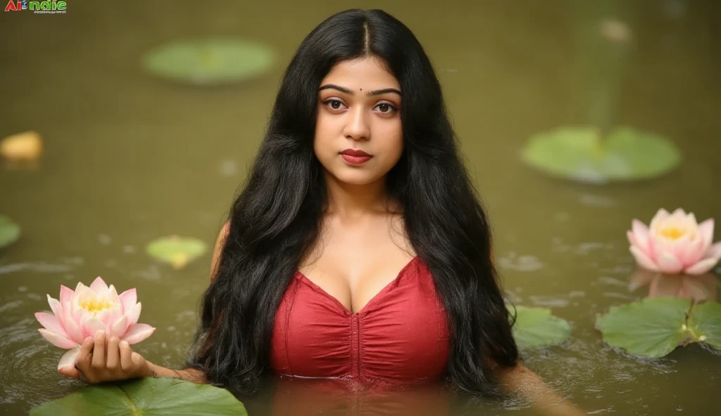 Indian busty naked woman emerging gracefully from a serene forest pond filled with blooming lotus flowers and a few ducks swimming nearby. Very long hairs covering her breast, The woman's body and wet hair glisten, droplets of water catching the soft, natural light. Her confident gaze is directed at the viewer, creating a striking connection. The pond reflects the ambient light filtered through the lush forest canopy, with vivid greenery and natural textures enhancing the tranquil atmosphere. The magazine title, 'Ai_indie,' is prominently placed in a modern, minimalistic font to complement the ethereal artwork