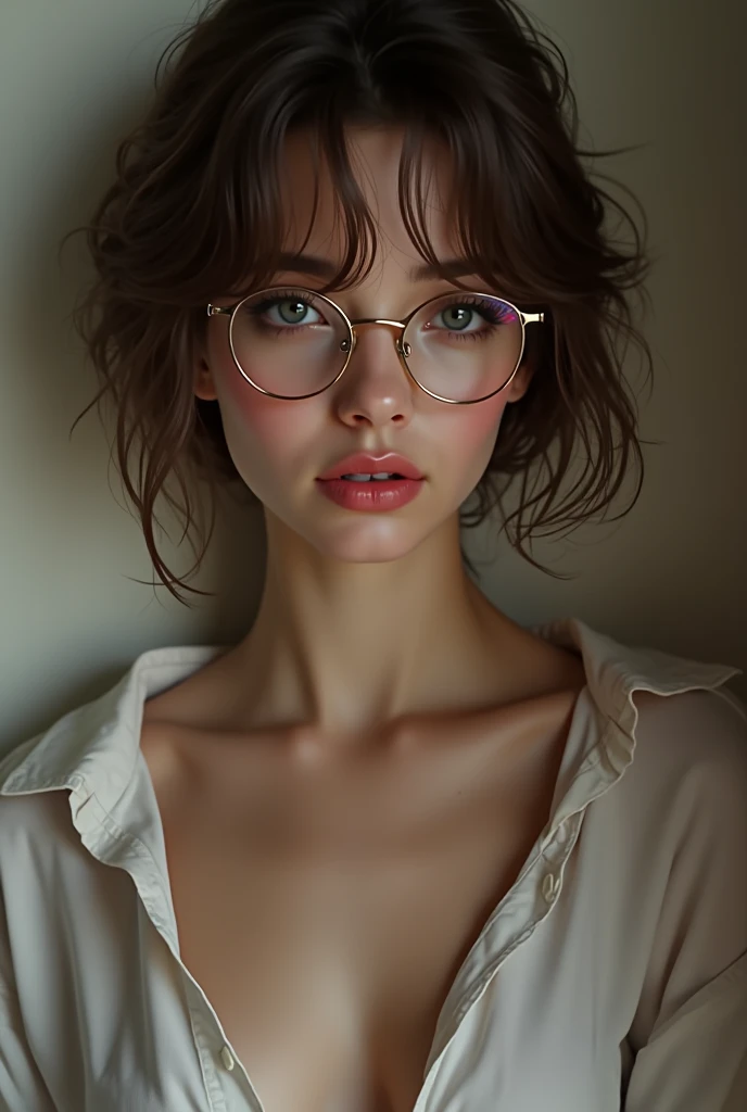 (uhd, retina, ​masterpiece, Exactly, anatomically correct, textured skin, Super Detail, High details, good quality, best quality, High Resolution, 1080P, HD, 4K, 8k, 16K), (beautiful detailed blue eyes, beautiful detailed lips, extremely detailed eyes and face), studio lighting, 基于物理的渲染, Vivid colors, (big sexy breasts, glamorous body), (see through dress), (portrait, Side cut, shiny hair, shiny skin, blush), (bokeh), eye reflection,, dark atmosphere, highly detailed skin structure, extreme Details, perfect breast, dark tanned skin, freckles,, ultra-detailed skin structure, soft lighting,pale skin, Glasses 