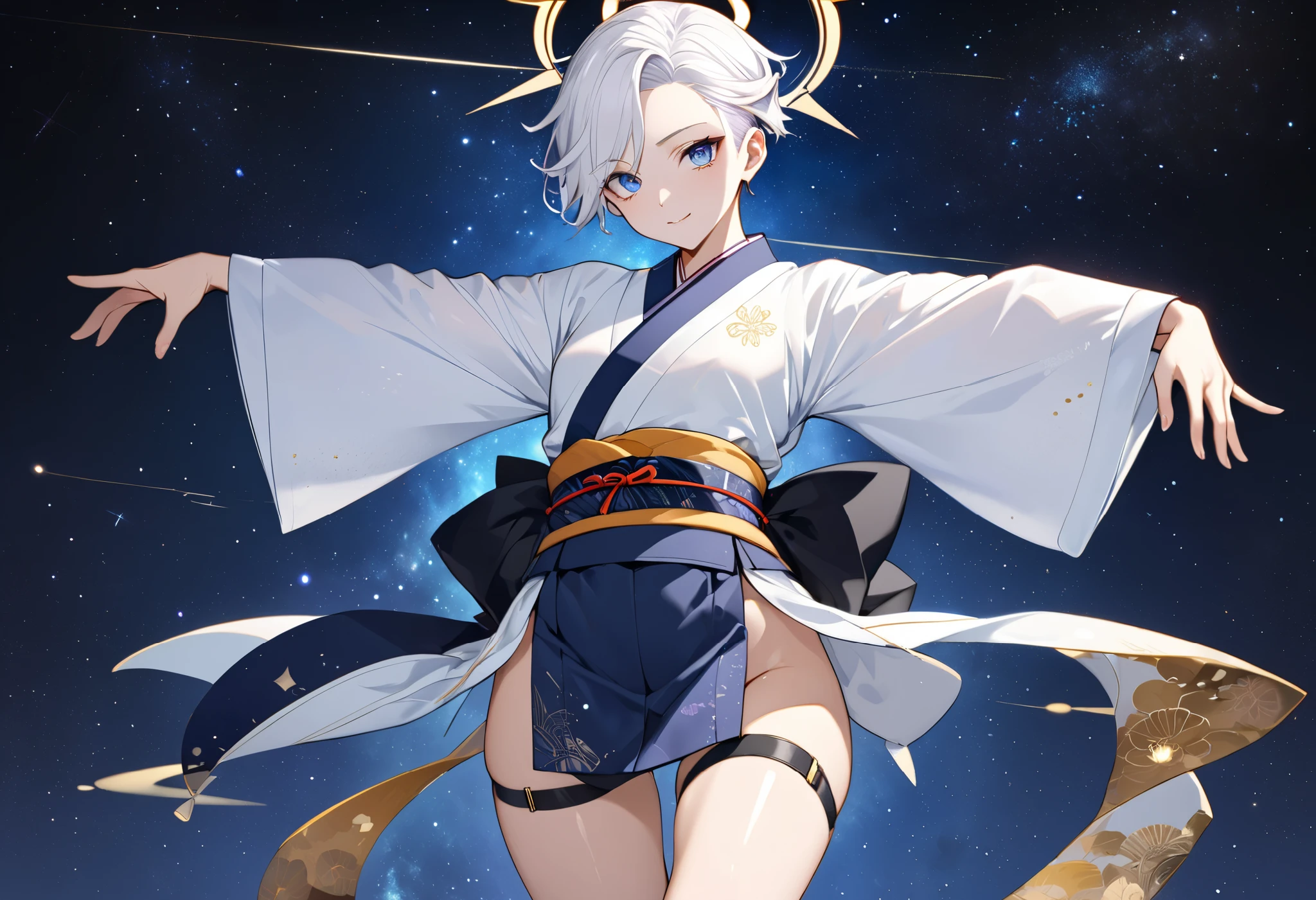 Fresh illustration,
Ultra-fine drawing,
Very delicate illustration,
Very fine details,
One boy,
Full body,
Height 158cm,
Fair skin,
Right eye is purple,
Left eye is blue,
Odd eyes,
Heterochromie iris,
Beautiful eyes,
Large black pupils,
Cleanly cut hairstyle,
Slicked back hairstyle,
Short hair,
Shiny hair,
Blue roots and white hair elsewhere,
Hair with a gradient,
Cute face,
Pretty face,
Shiny halo on the back of the head,
Raised eyebrows,
Upper body in kimono,
Upper body in traditional Japanese clothing,
Masculine build,
Six pack,
Very small breasts,
No breasts,
Lower body in Chinese dress,
Black obi,
Overall white clothes,
Tastefully embroidered with gold thread,
Clothes with a high-quality texture,
Jo straps,
thigh straps,
thigh straps digging into skin,
white long boots,
Japanese style toes,
five fingers on hands and feet,
thin waist,
thin legs,
isometric,
golden ratio,
divine atmosphere,
wearing indigo-colored stand-up collared innerwear,
outer space,
galaxy,
countless small stars,
tactical use of shadows,
free pose,
sexy pose,
exposed skin,
naughty pose,
adult pose,
lewd look,
looking at camera,
buttocks facing camera,
pervert,
see-through clothes,
peachy buttocks,