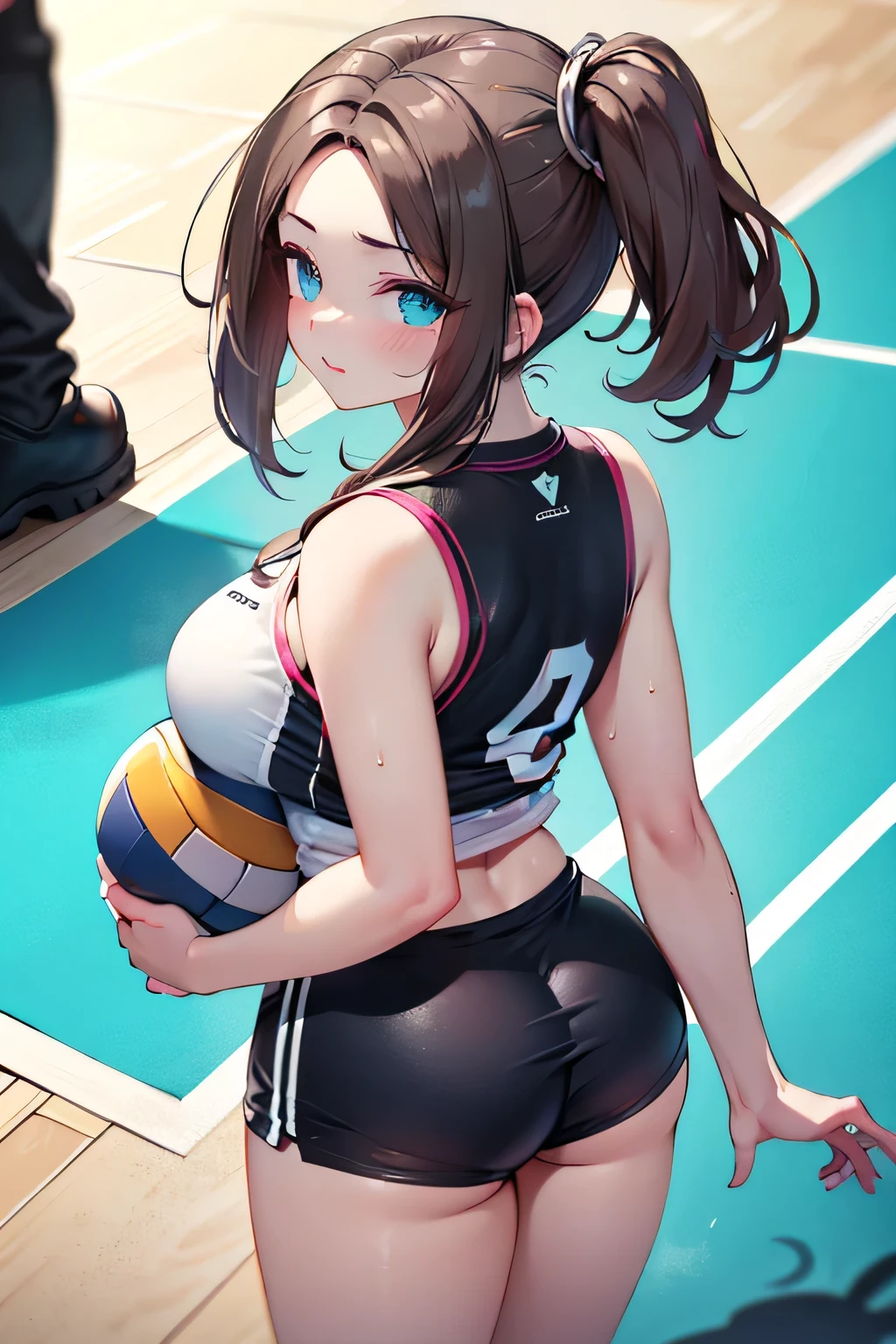 (  Very Detailed CG Unity 8k 壁紙),(masterpiece), ( top quality), (  very detailed), (  best illustration),(  best shadow),  perfect meaning  、  volleyball court(  extremely detailed explanation  )、  volleyball uniform and vibrator、  shorts 、 huge ass 、   beautiful eyes 、Big Breasts、Angle from behind(  shorts、 Panty lines are clearly visible １.2)、  thin waist 、  perfect body、(Hair tied up、Please raise the bangs of your hair 1 .2)、  sweated 