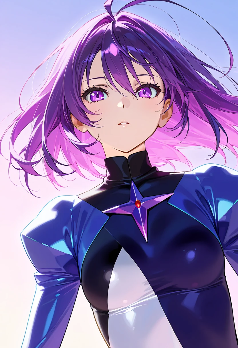 masterpiece, best quality, beautiful detailed hair detailed face, perfect feminine face, big almond-shape eyes, smile, happy, a beautiful and cute girl with sparkling and glowing purple hair, latex bodysuit wearing, long sleeves, purple latex, shiny latex, (close-up potrait:1.2), floating hair by wind, (sparkle particle), lens flare, sharp focus, volumetric lighting