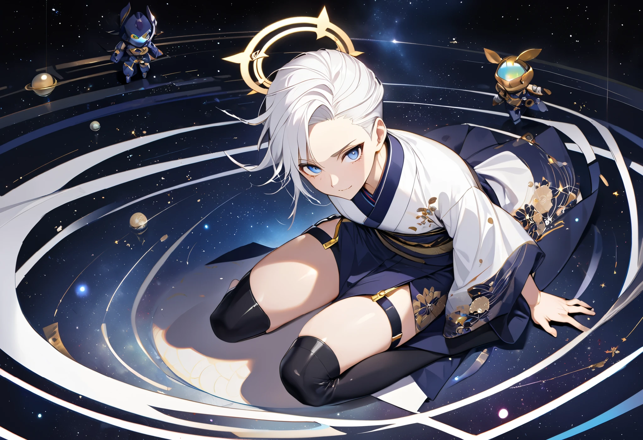 Fresh illustration,
Ultra-fine drawing,
Very delicate illustration,
Very fine details,
One boy,
Full body,
Height 158cm,
Fair skin,
Right eye is purple,
Left eye is blue,
Odd eyes,
Heterochromie iris,
Beautiful eyes,
Large black pupils,
Cleanly cut hairstyle,
Slicked back hairstyle,
Short hair,
Shiny hair,
Blue roots and white hair elsewhere,
Hair with a gradient,
Cute face,
Pretty face,
Shiny halo on the back of the head,
Raised eyebrows,
Upper body in kimono,
Upper body in traditional Japanese clothing,
Masculine build,
Six pack,
Very small breasts,
No breasts,
Lower body in Chinese dress,
Black obi,
Overall white clothes,
Tastefully embroidered with gold thread,
Clothes with a high-quality texture,
Jo straps,
thigh straps,
thigh straps digging into skin,
white long boots,
Japanese style toes,
five fingers on hands and feet,
thin waist,
thin legs,
isometric,
golden ratio,
divine atmosphere,
wearing indigo-colored stand-up collared innerwear,
outer space,
galaxy,
countless small stars,
tactical use of shadows,
free pose,
sexy pose,
exposed skin,
naughty pose,
adult pose,
lewd look,
looking at camera,
buttocks facing camera,
pervert,
see-through clothes,
peachy buttocks,