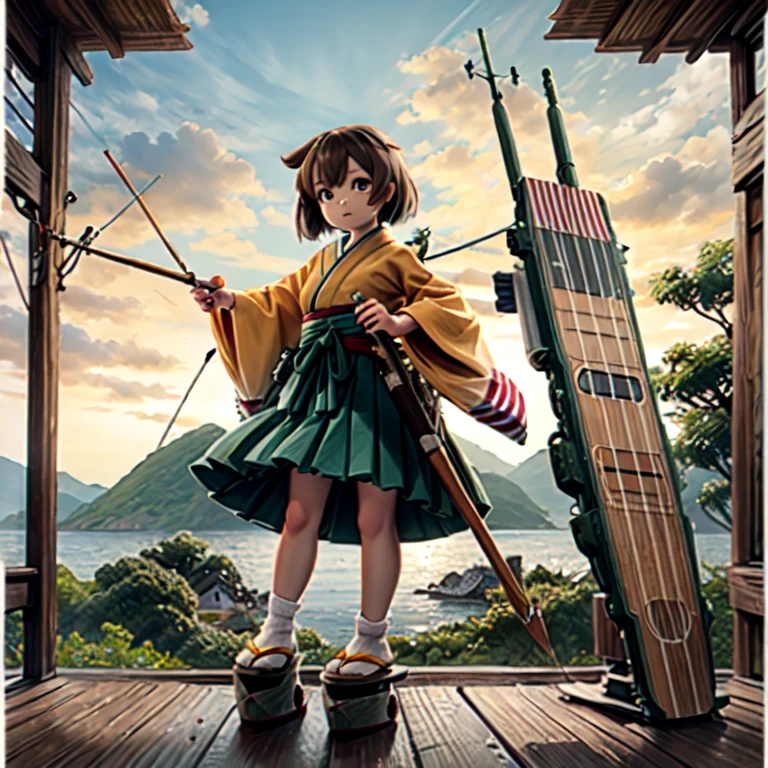 1girl, hiryuukc,
orange kimono, wide sleeves,
green hakama, hakama short skirt,
tabi, socks, sandals, platform clogs,
brown hair, brown eyes, one side up, flight deck, radio antenna, quiver, 
bow \(weapon\), arrow \(projectile\),