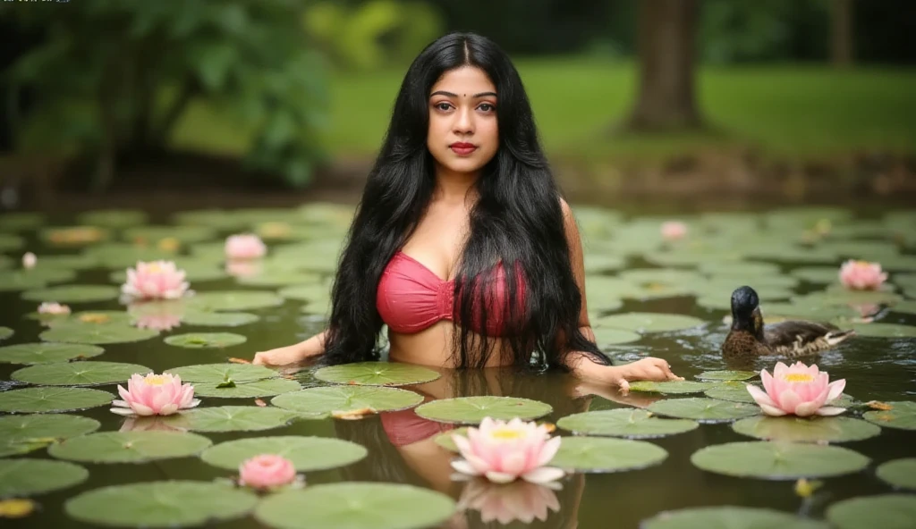 Indian busty naked woman emerging gracefully from a serene forest pond filled with blooming lotus flowers and a few ducks swimming nearby. Very long hairs covering her breast, The woman's body and wet hair glisten, droplets of water catching the soft, natural light. Her confident gaze is directed at the viewer, creating a striking connection. The pond reflects the ambient light filtered through the lush forest canopy, with vivid greenery and natural textures enhancing the tranquil atmosphere. The magazine title, 'Ai_indie,' is prominently placed in a modern, minimalistic font to complement the ethereal artwork