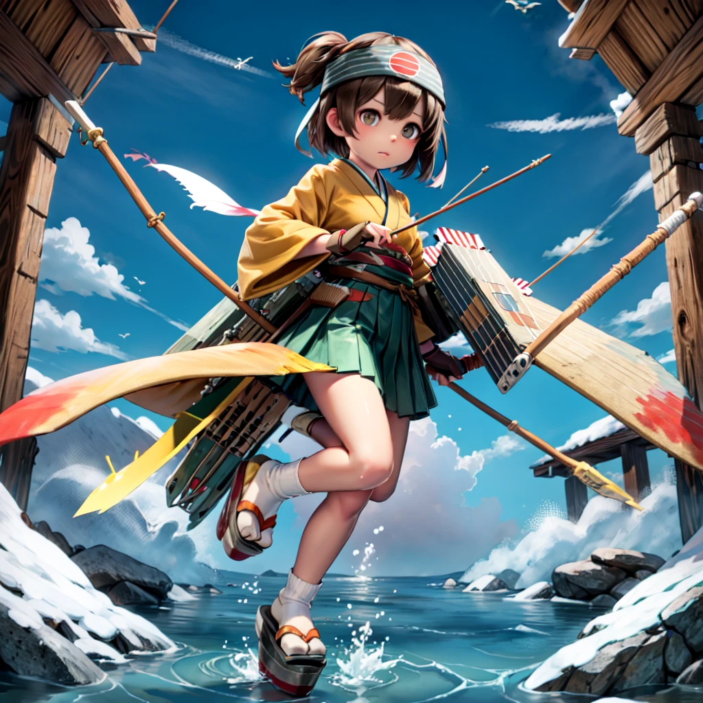 1girl, hiryuukc,
orange kimono, wide sleeves,
green hakama, hakama short skirt,
tabi, socks, sandals, platform clogs,
brown hair, brown eyes, one side up, flight deck,
partially fingerless gloves, yugake, single glove,
headband, hachimaki, flight deck, radio antenna, quiver, 
bow \(weapon\), arrow \(projectile\),