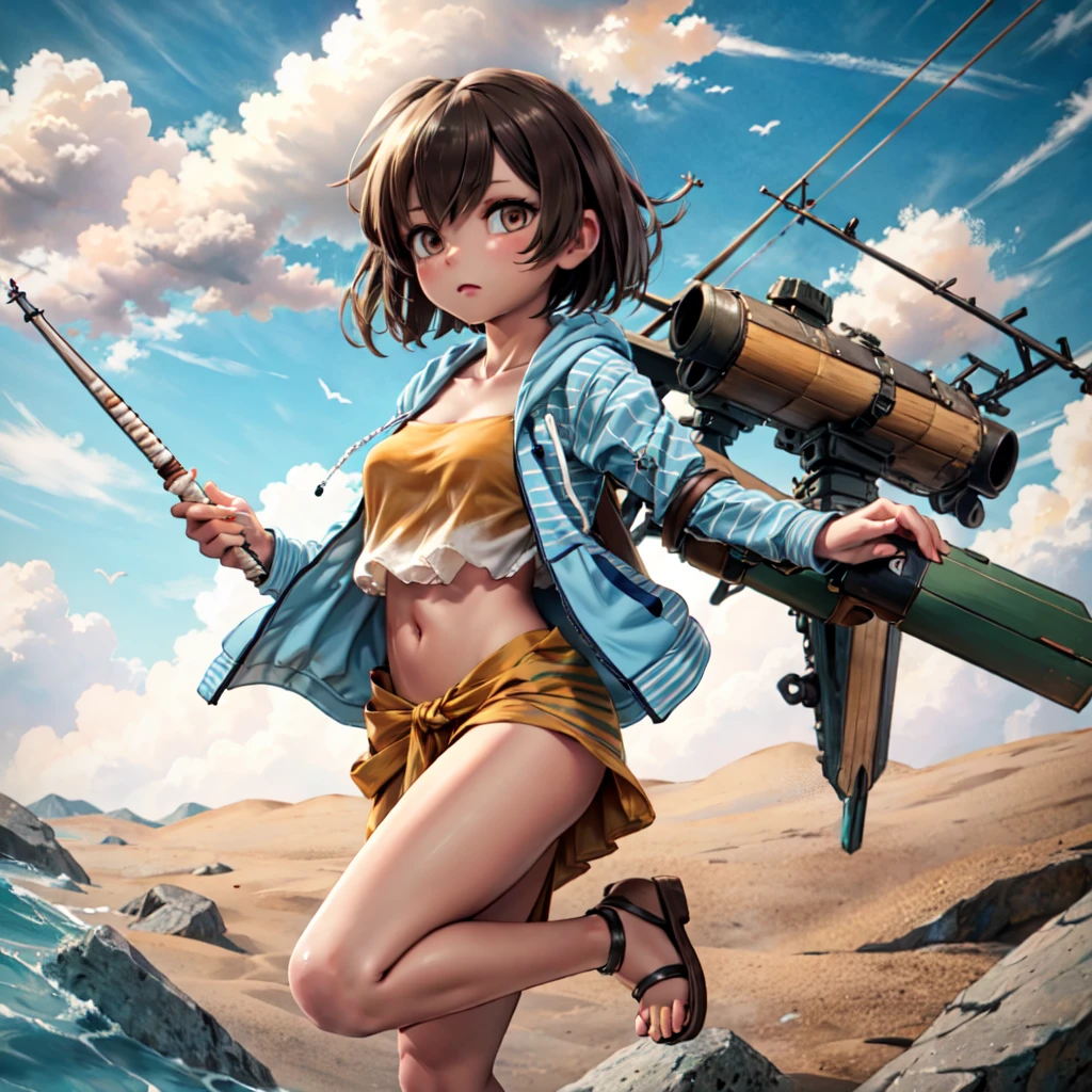 1girl, hiryuusummer, 
(striped hoodie), blue hoodie, open clothing, open jacket, 
orange bikini, crop top, bandeau, tube top, frills, midriff,
open jacket,  bikini under clothes,
sarong,
sandals,
brown hair, brown eyes, one side up, flight deck, radio antenna, quiver, 
bow \(weapon\), arrow \(projectile\),