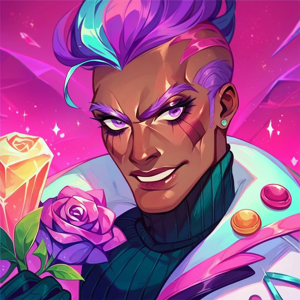  champion Brand of the League of Legends in the pink crystal skin,  crystal pastel purple hair ,  white suit with details in lilac and purple , dark human skin , vibrant purple eyes,  mittens with roses made of cimrostal ,  rose ornaments made of crystal on clothing  