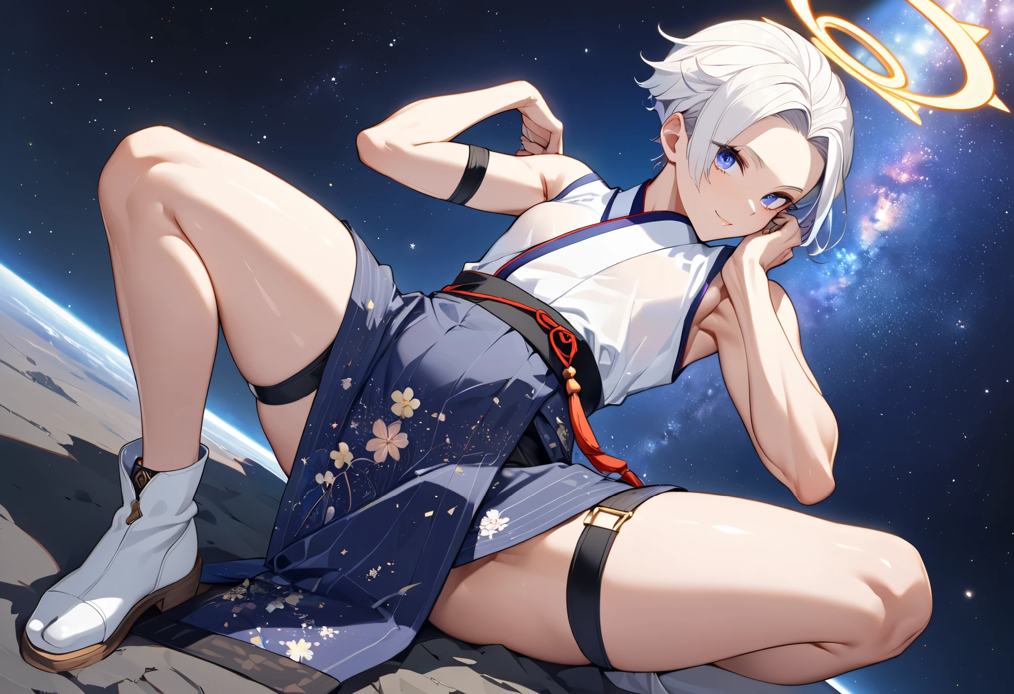 Fresh illustration,
Ultra-fine drawing,
Very delicate illustration,
Very fine details,
One boy,
Full body,
Height 158cm,
Fair skin,
Right eye is purple,
Left eye is blue,
Odd eyes,
Heterochromie iris,
Beautiful eyes,
Large black pupils,
Clean cut hairstyle,
Slicked back hairstyle,
Short hair,
Shiny hair,
White hair,
Forehead is exposed,
Cute face,
Pretty face,
Shiny halo on the back of the head,
Raised eyebrows,
Kimono upper body,
Japanese clothing upper body,
Masculine build,
Six pack,
Very small breasts,
No breasts,
Chinese dress lower body,
Black obi,
White clothes overall,
Tasteful embroidery with gold thread,
Clothes with high-quality texture,
Jock strap,
Thigh strap,
Thigh straps digging into skin,
White long boots,
Japanese-style toes,
Five fingers on hands and feet,
Thin waist,
Thin legs,
Isometric,
Golden ratio,
Divine atmosphere,
Wearing an indigo-collared inner,
Outer space,
Galaxy,
Countless small stars,
Tactical use of shadows,
Free pose,
Sexy pose,
Exposing skin,
Erotic pose,
Adult pose,
Lewd appearance,
Looking at camera,
Buttocks facing camera,
Pervert,
Clothes are see-through and pink nipples and penis are visible,
Masochistic pose