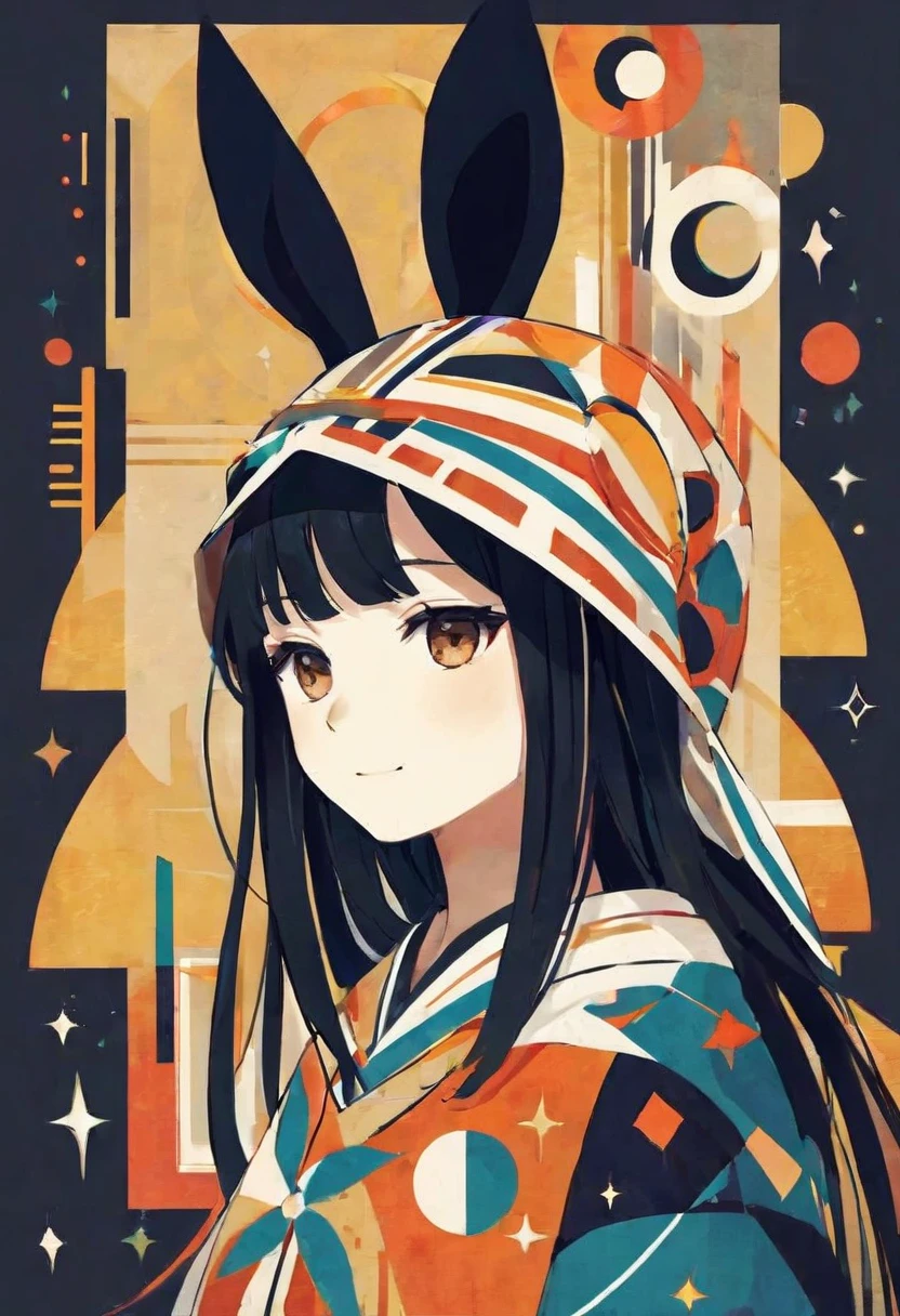 PORTRAIT OF A GIRL,1GIRL, DEMIHUMAN,illustration-style,modern, striking composition,sleek lines, unique pattern,abstract elements,geometric shapes,GEOMETRIC LOGO, , , expressive strokes , ,ANIMAL EARS, ANIMAL NOISE,CAPYBARA EARS, (ANIMAL NOISE),ANIMAL headwear,SMILE, HALF CLOSE EYES, BROWN AND WHITE ANIMAL EARS,BROWN HAIR,((SILHOUETTE)),SIDE VIEW,FANTASY,(EPIC), SPARKS,VIBRANT, KEMONOMIMI,