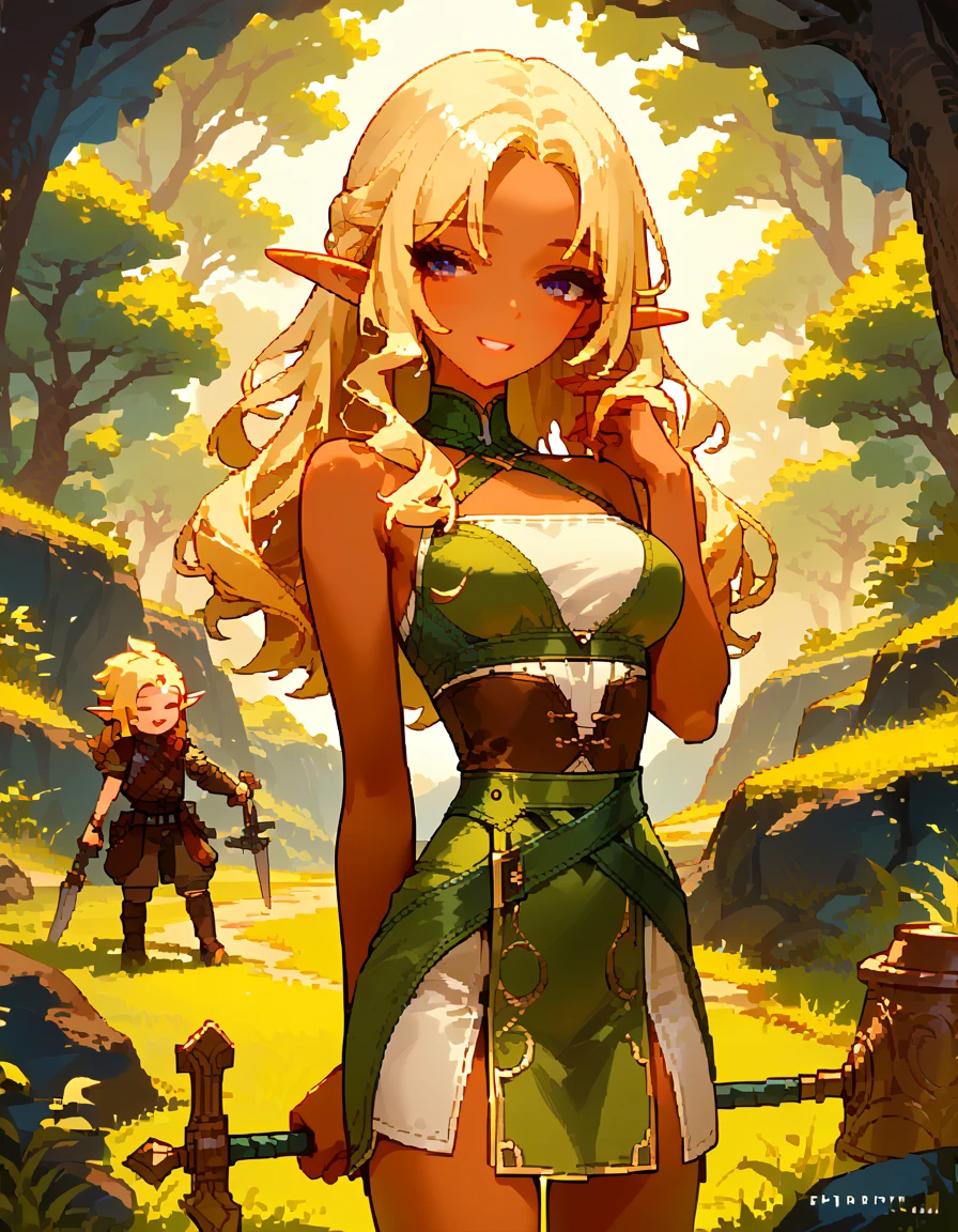  ,     dark skin   ,    smooth skin, smile,    standing device , young woman-,    thin waist, , , pixel , small head,   long hair  ,  big girl,   , Adventurer, archer, elf,   blonde  , sex,   bare shoulders are visible 