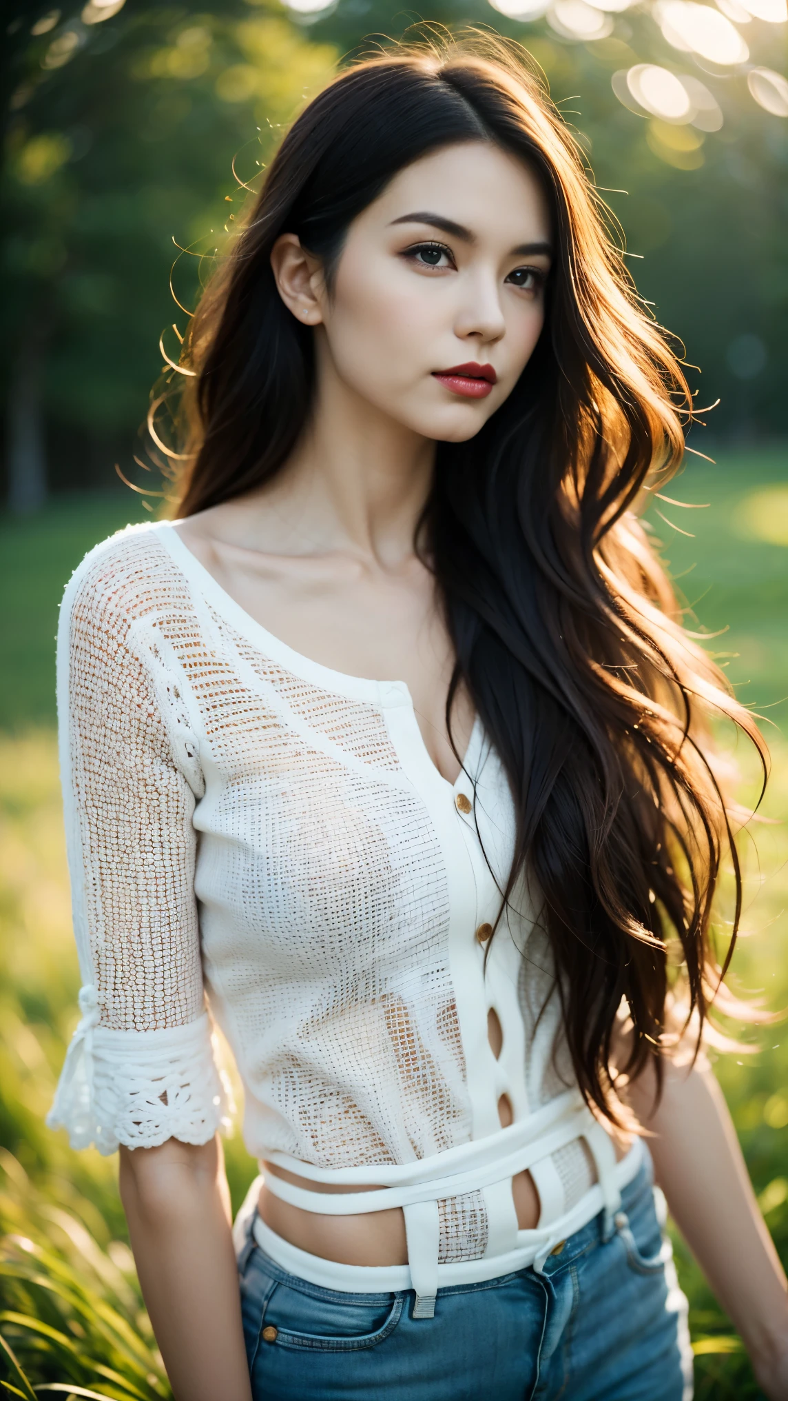 An elegant woman with orange long hair and a white shirt strokes her hair in the wind. The field is filled with green grass, :::: perfect anatomy, contemporary, sophisticated, striking, artistic, innovative, aesthetic, futuristic, cutting-edge, elegant, chic, colorful, The composition blends modern and traditional elements with a neo mode, avant-garde style, characterized by elegant lines, vibrant colors, and exquisite details, Forest Lake, Unseen Narratives, The artwork emphasizes subtle colors, clean lines, smooth curves, and sleek contours, with bold outlines and crisp, sharp edges. The overall composition is uncluttered and refined, reflecting a fashion editorial style that is stylish, professional, and elegant, with an emphasis on simplicity and restraint rather than vibrant colors,