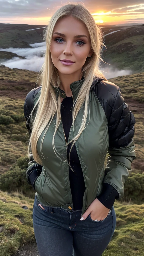 solo, photorealistic, wide shot, best quality, hyper detailed, 25 years old Circasssian woman, (((mature-looking face))), high detailed skin texture and pores, high detailed deep wrinkles, (((wavy long blonde hair))), (((Circassian face))), sexy body, hyper-realistic photo of woman, (wearing black cotton leggings, ocher down jacket, open), (skin texture), mountains, nature, trees , rocks, river, current, smoke, campfire (camping inspiration) analog quality, best shadow, film grain, high contrast, raw, lut instagram