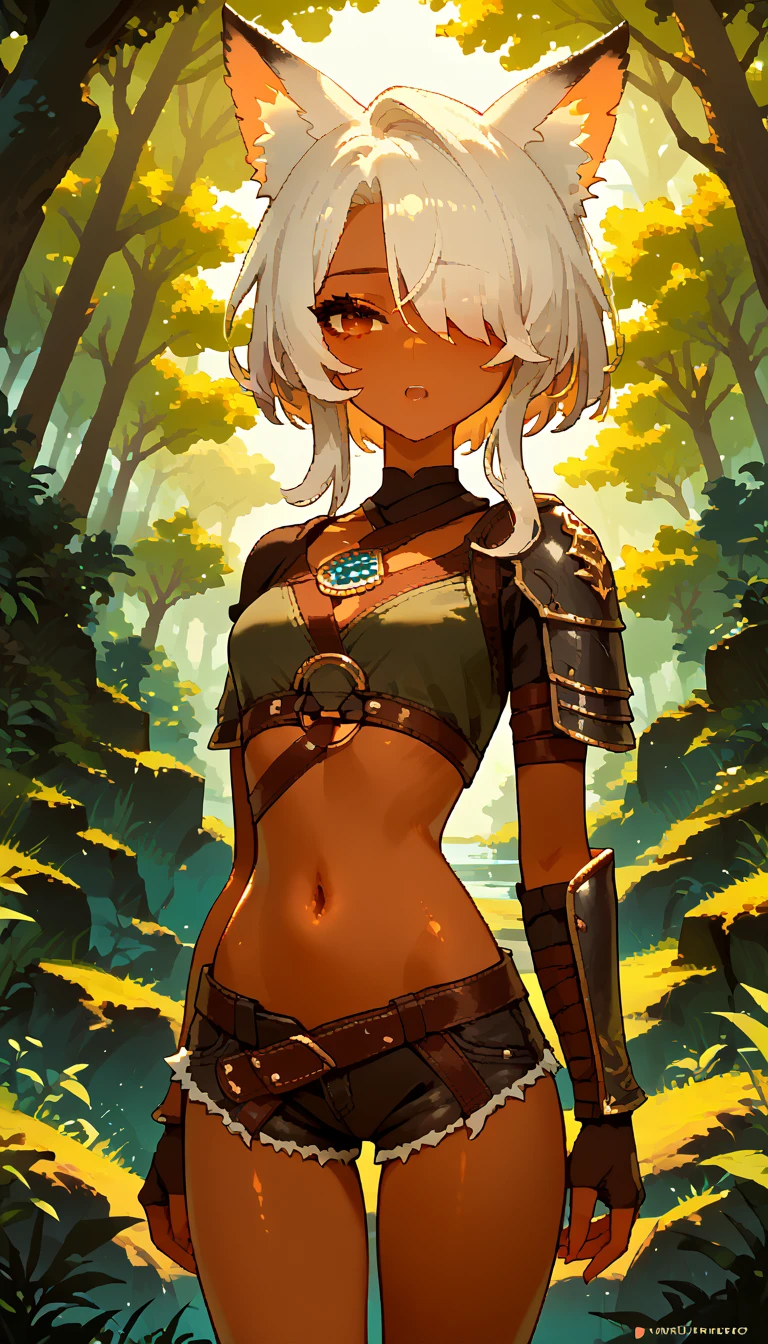  ,   dark skin , hair covers the eye,  smooth skin, fox ears, standing,  thin waist, dug up, leather mini shorts,  phantesis , the forest,  thin waist, an adventurer,  Big girl, navel, teenager girl, armor, sex