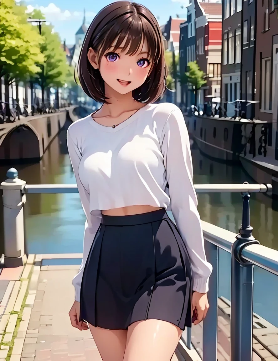    high res ,In 8K, best quality, Details, semi-realistic anime , D Anime Style , Smooth Anime CG , One Girl , 19-year-old Japanese woman on a luxury liner , slim,modeling,((輝く瞳)),(( very short hair)),((( short bob))),(Maroon Glowing Hair ), pink lips, Shiny brown hair, Detailsな顔,Beautiful and  Details,(( Deep Blue-Purple Sparkling Eyes )),( open your mouth ),(Laughter),((Amsterdam along the canal )),(( dark brown top )),(Long sleeve knit), (( white and light blue skirt to the knee )),(( and turn around)),(Posing),(( backlit hair )),( black stockings ),(((Crop Skirt))),(( Very Attractive Uniform  )), ((Curvy pose)), ( lean forward ),