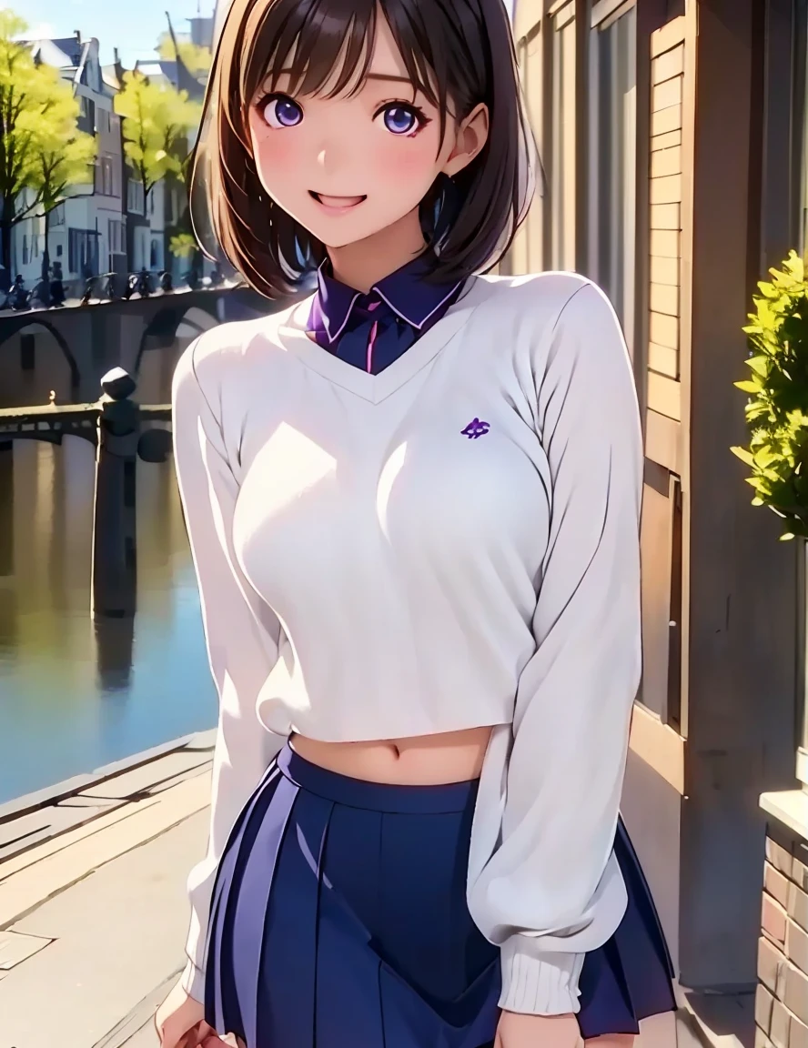    high res ,In 8K, best quality, Details, semi-realistic anime , D Anime Style , Smooth Anime CG , One Girl , 19-year-old Japanese woman on a luxury liner , slim,modeling,((輝く瞳)),(( very short hair)),((( short bob))),(Maroon Glowing Hair ), pink lips, Shiny brown hair, Detailsな顔,Beautiful and  Details,(( Deep Blue-Purple Sparkling Eyes )),( open your mouth ),(Laughter),((Amsterdam along the canal )),(( dark brown top )),(Long sleeve knit), (( white and light blue skirt to the knee )),(( and turn around)),(Posing),(( backlit hair )),( black stockings ),(((Crop Skirt))),(( Very Attractive Uniform  )), ((Curvy pose)), ( lean forward ),