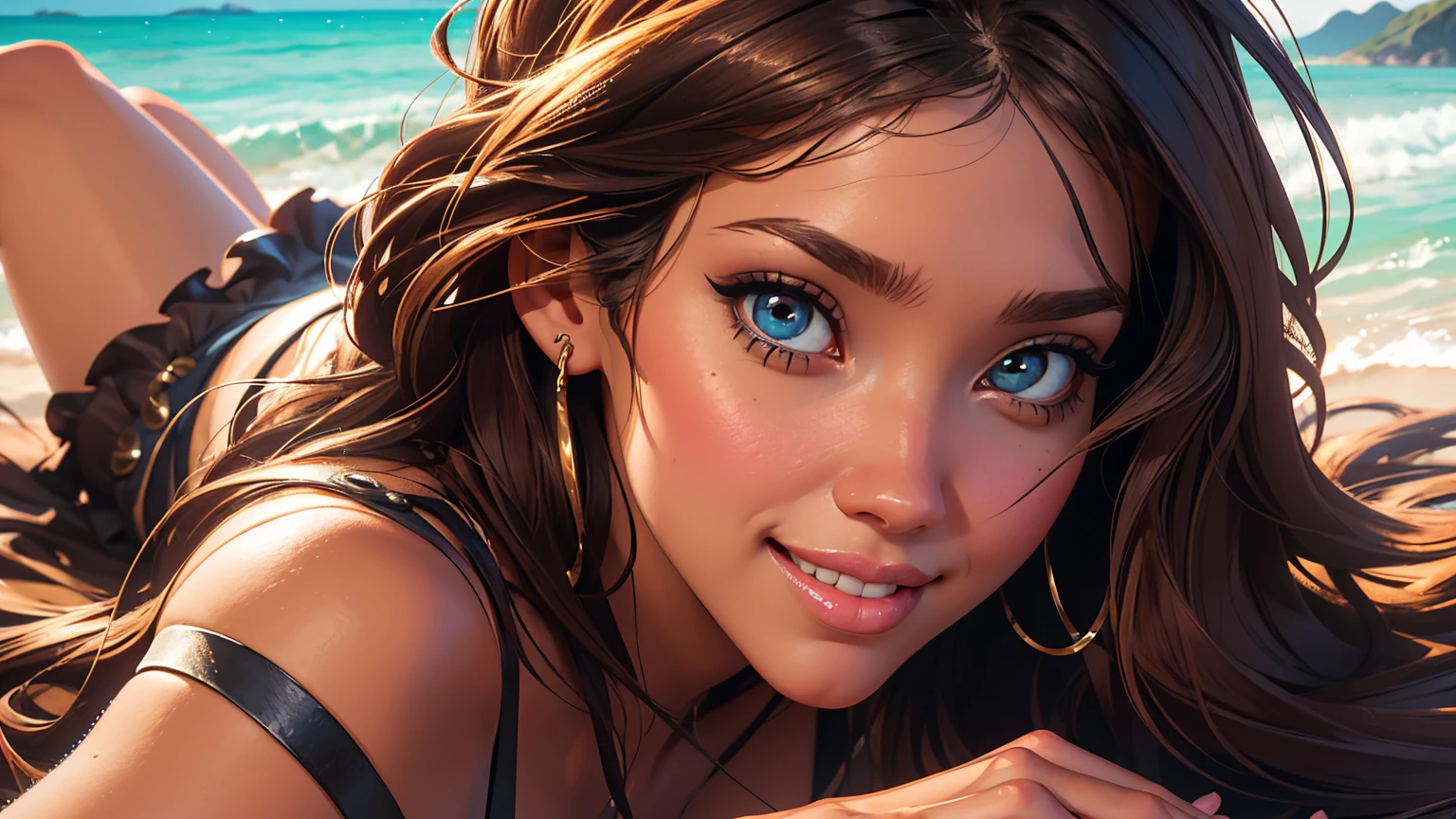 16 year old girl with a realistic smile、(Detailed face, Perfect Face, Perfect Eyes, Realistic eyes),bikini、Emphasize cleavage、sexy brown skin tone、Sexy pose、Tropical Beach