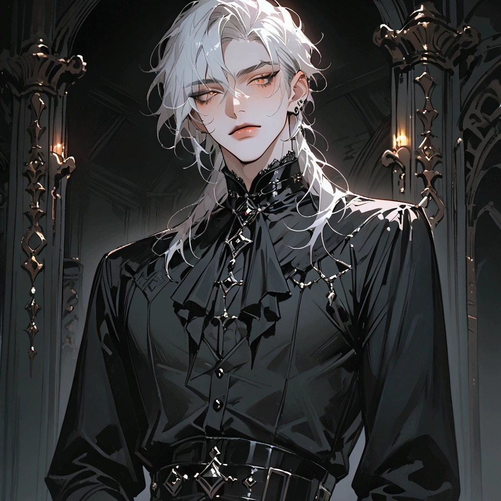 masterpiece, newest, absurdres, safe, high detailed, masterpiece. high detailed, male, relaxed, Elegant goth, goth male, Romance goth, Romantic goth clothing, High Fantasy goth, Male, Masculine, handsome face, Handsome male, upperbody, handsome. fixing his shirt inside a palace bedroom, white hair, golden eyes, Handsome, Black buttoned shirt, Prince, Handsome Prince