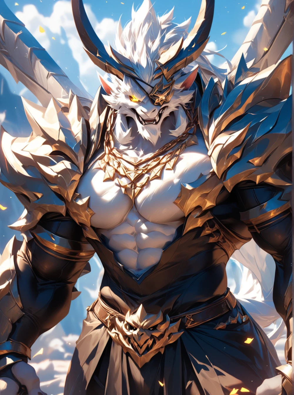 score_9, score_8_up, score_7_up, score_6_up, Rengar, bara, eyepatch, glowing eyes, armor
